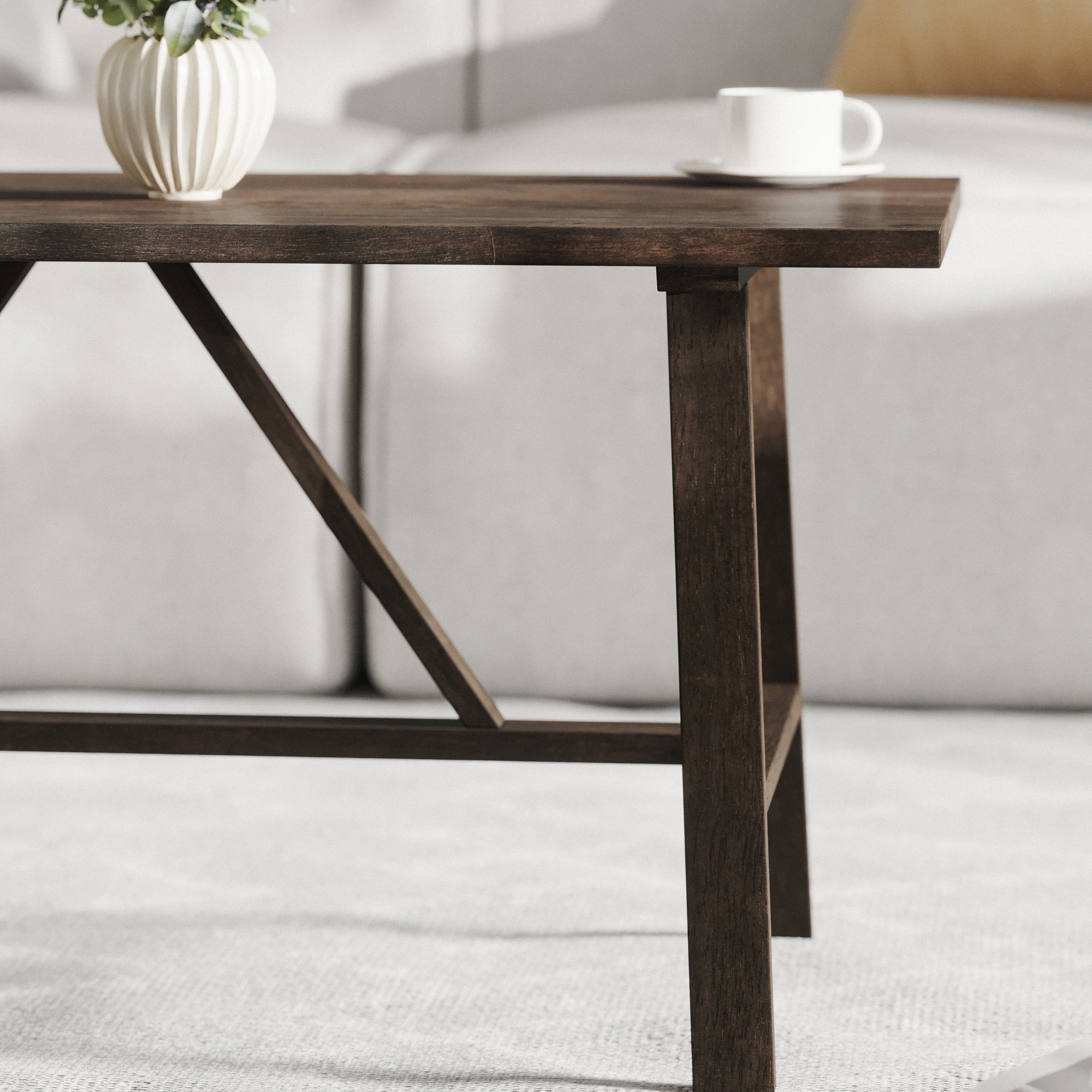 Eli Solid Wood Farmhouse Coffee Table, Trestle Style Accent Table in Dark Gray