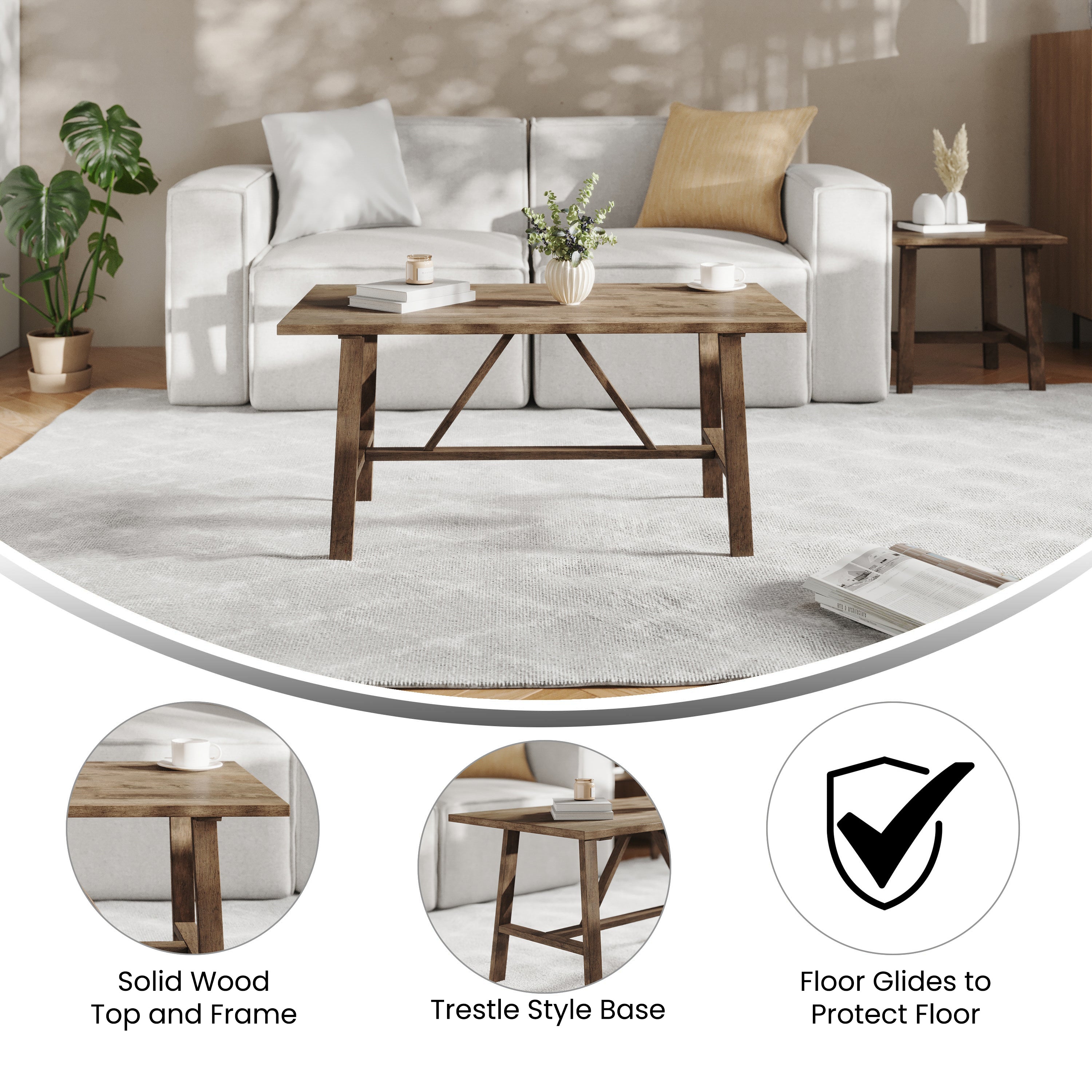 Eli Solid Wood Farmhouse Coffee Table, Trestle Style Accent Table in Rustic Brown