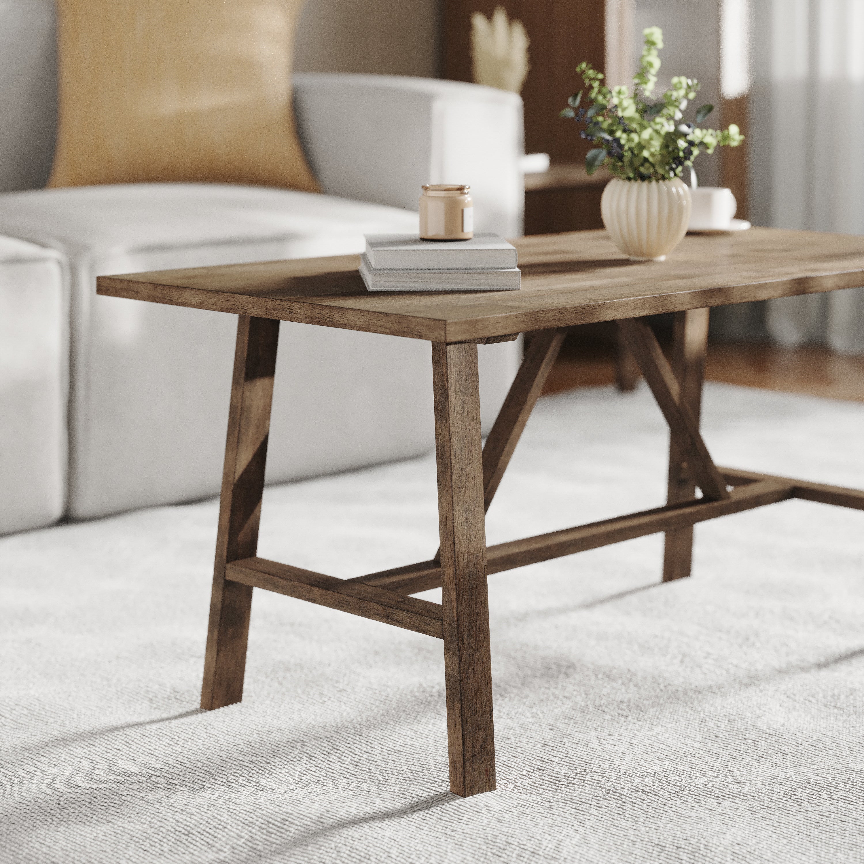 Eli Solid Wood Farmhouse Coffee Table, Trestle Style Accent Table in Rustic Brown
