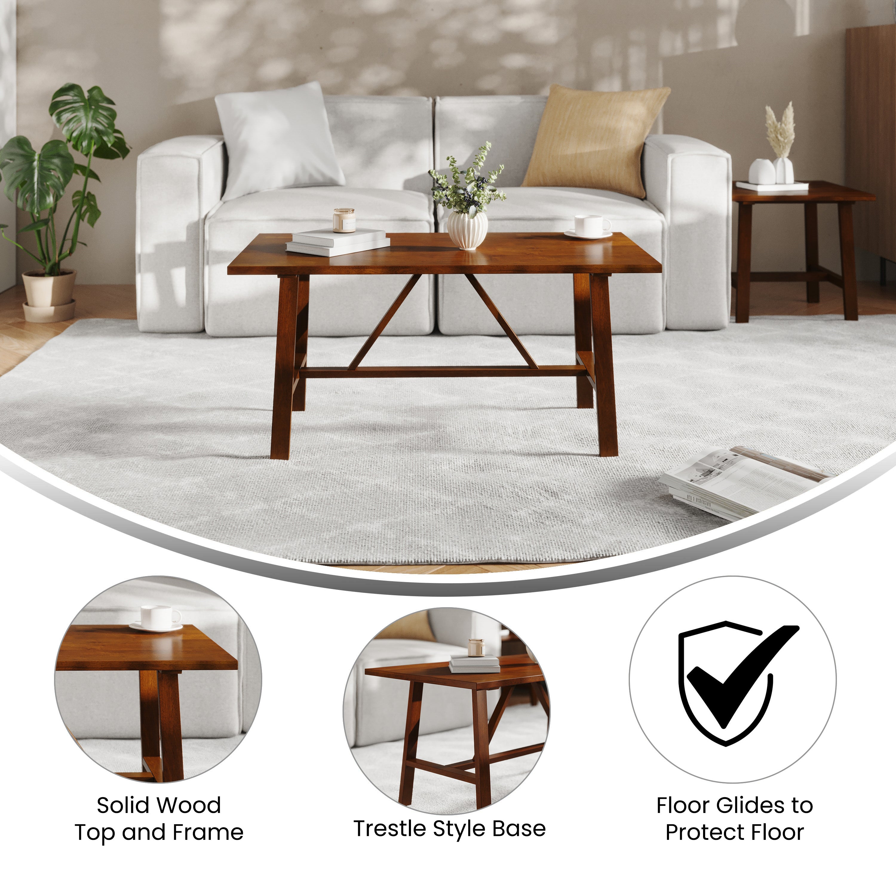 Eli Solid Wood Farmhouse Coffee Table, Trestle Style Accent Table in Walnut