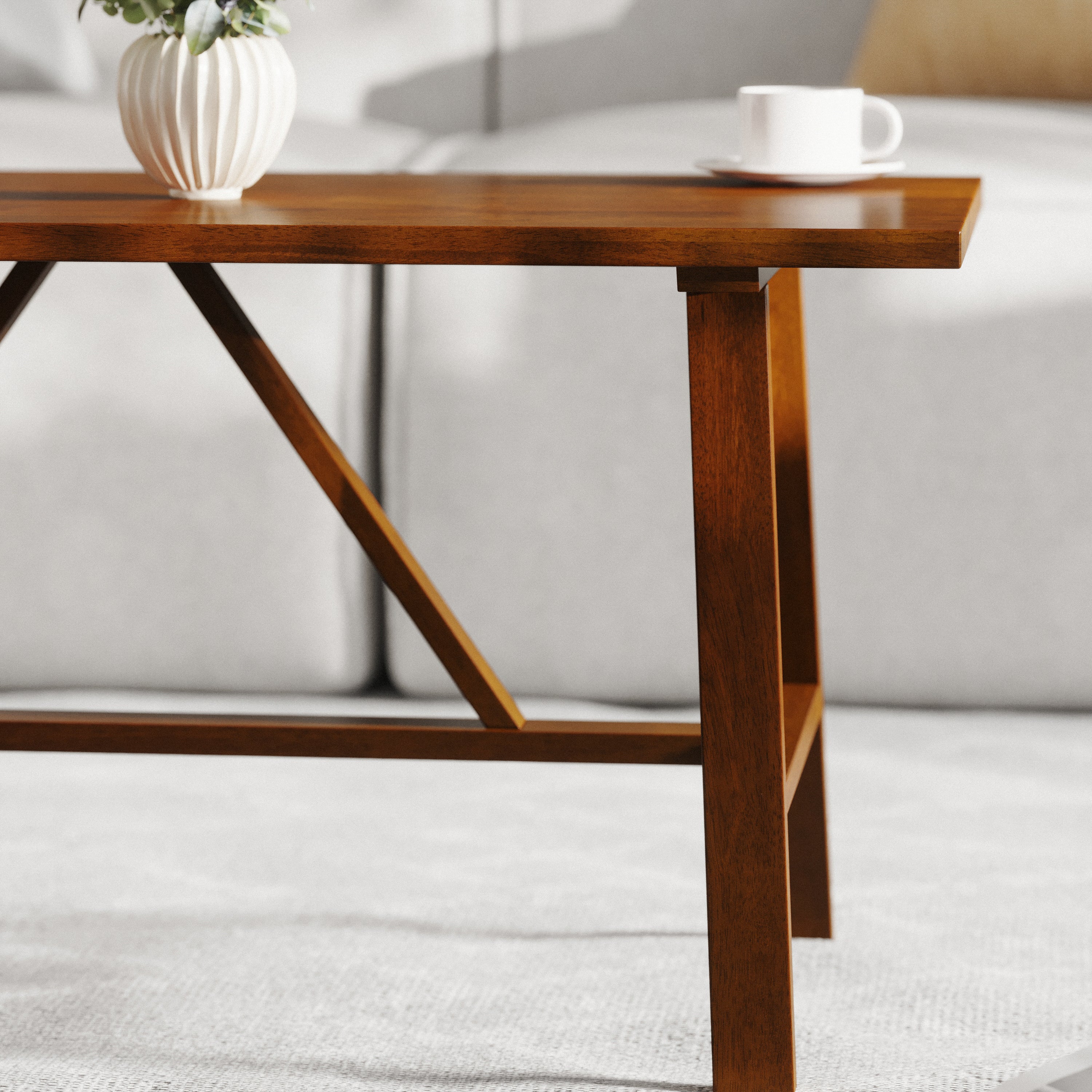 Eli Solid Wood Farmhouse Coffee Table, Trestle Style Accent Table in Walnut