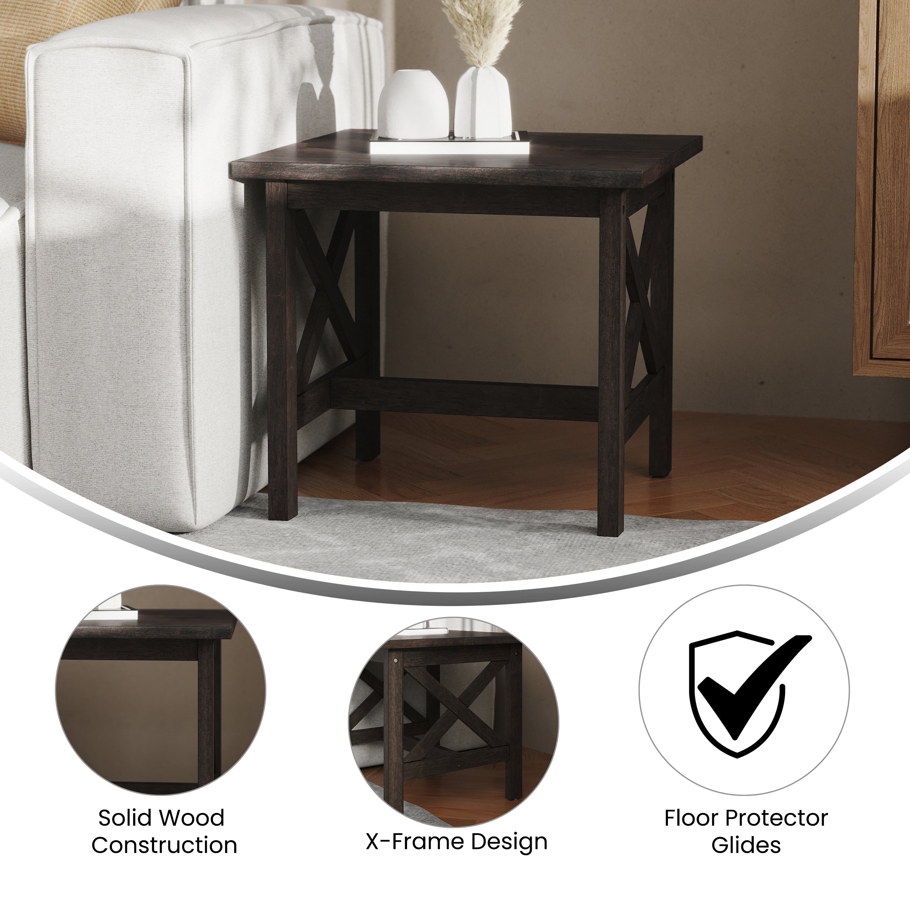Jasper Farmhouse Style Solid Wood End Table with Traditional X-Frame Design in Dark Gray