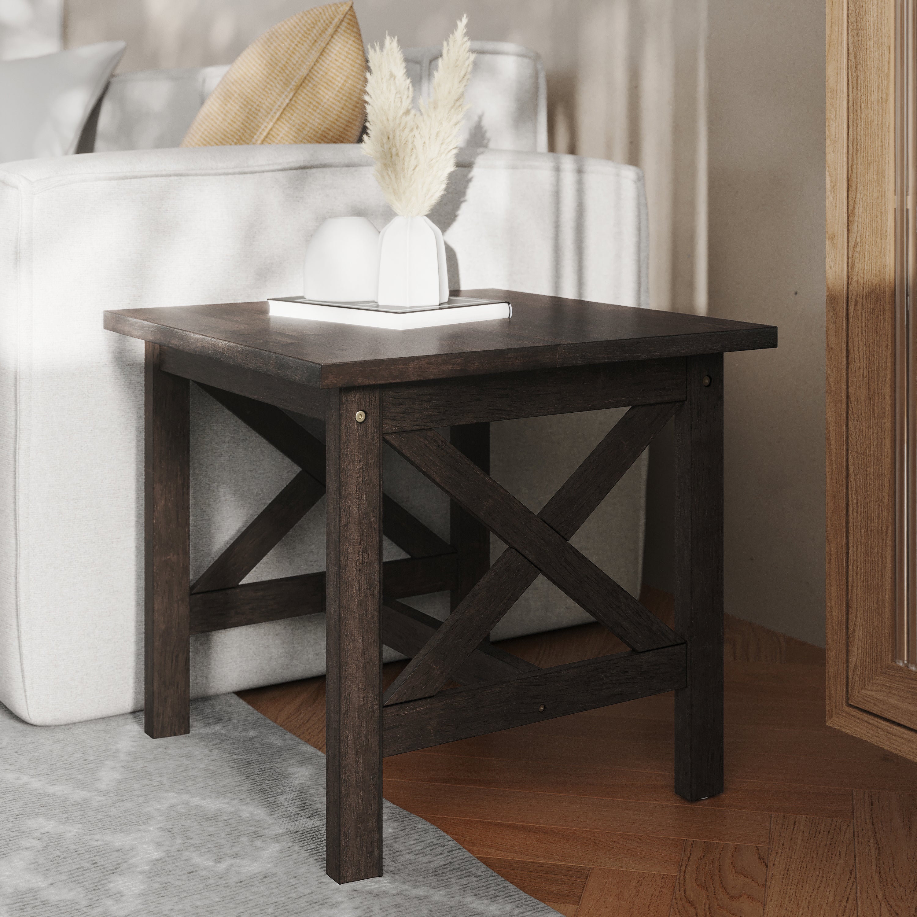 Jasper Farmhouse Style Solid Wood End Table with Traditional X-Frame Design in Dark Gray