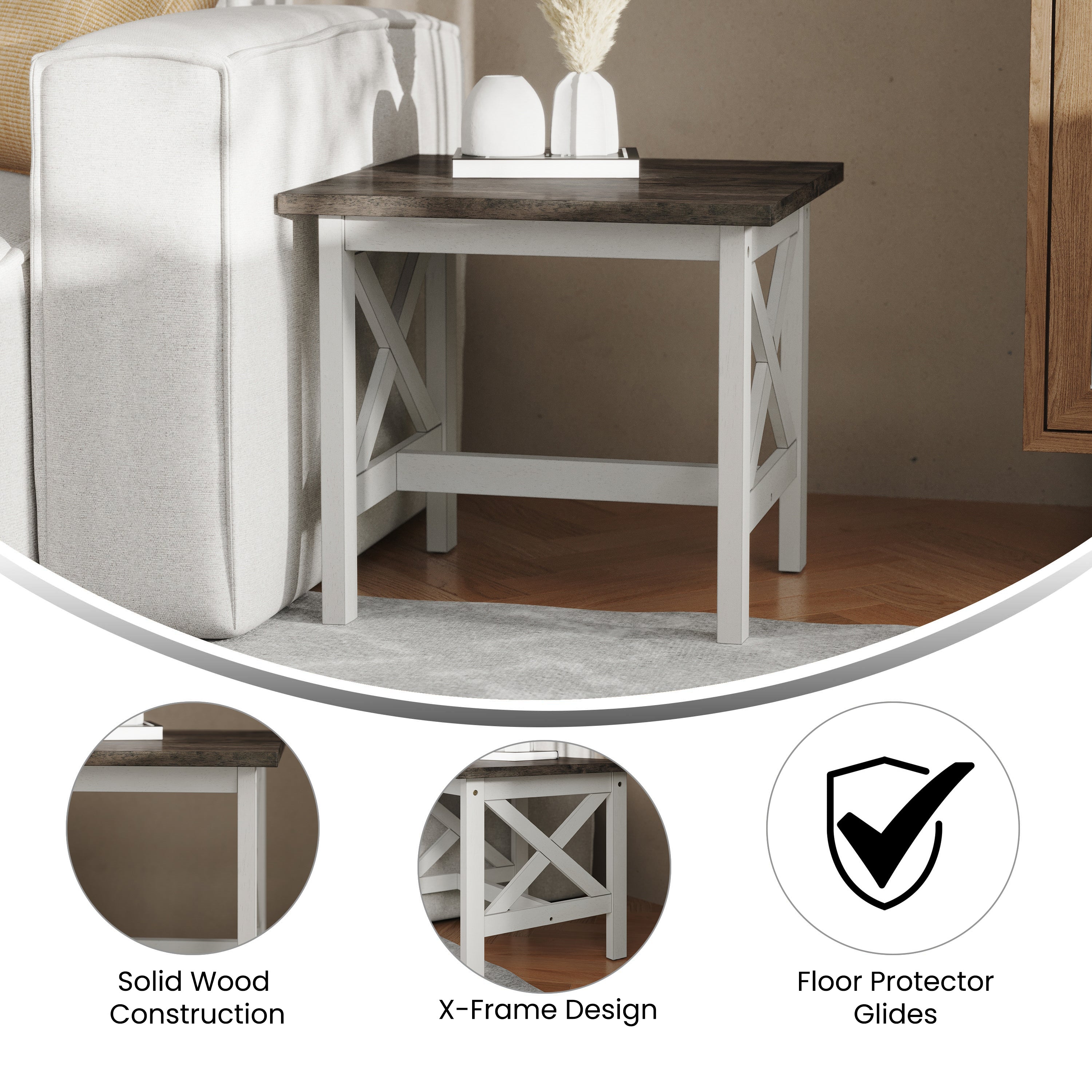 Jasper Farmhouse Style Solid Wood End Table with Traditional X-Frame Design in Acacia Gray and Rustic White