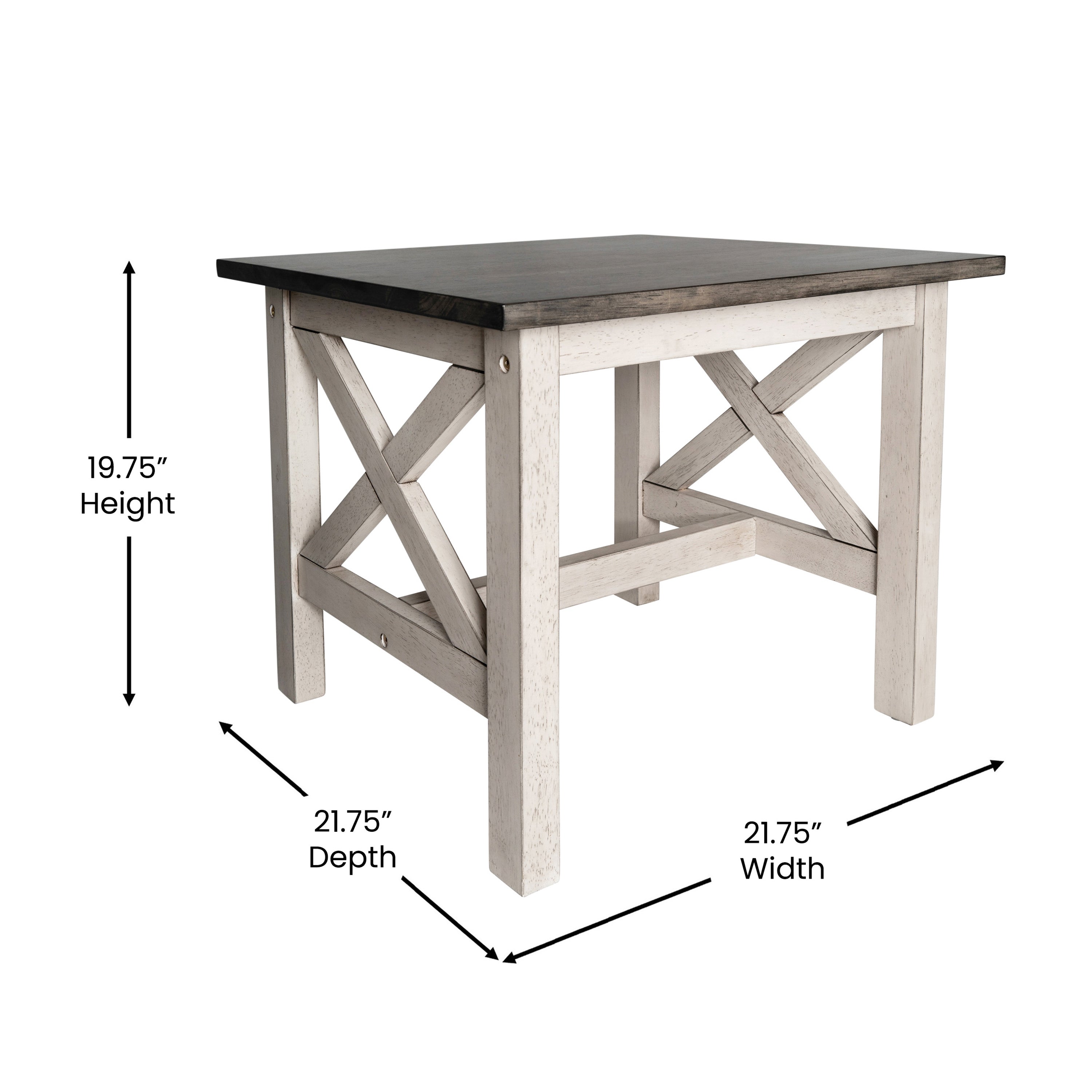 Jasper Farmhouse Style Solid Wood End Table with Traditional X-Frame Design in Acacia Gray and Rustic White