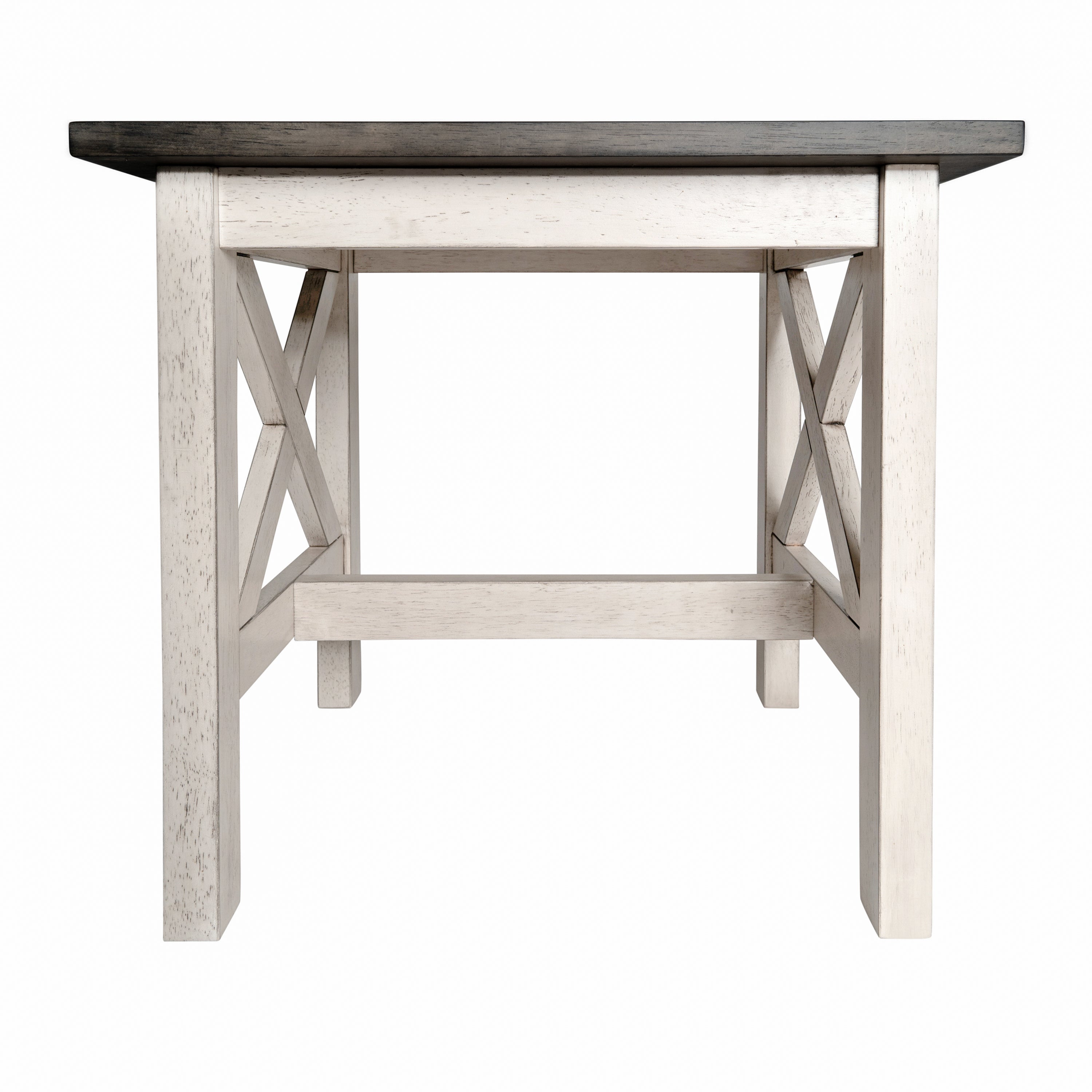 Jasper Farmhouse Style Solid Wood End Table with Traditional X-Frame Design in Acacia Gray and Rustic White