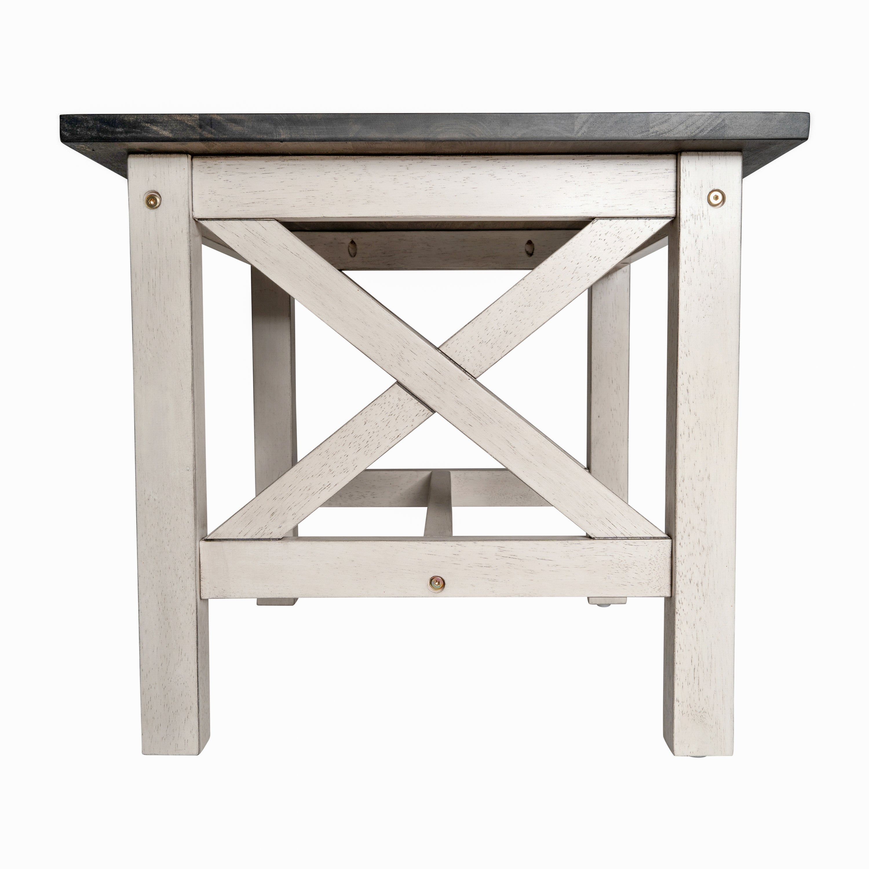 Jasper Farmhouse Style Solid Wood End Table with Traditional X-Frame Design in Acacia Gray and Rustic White