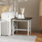Jasper Farmhouse Style Solid Wood End Table with Traditional X-Frame Design in Acacia Gray and Rustic White