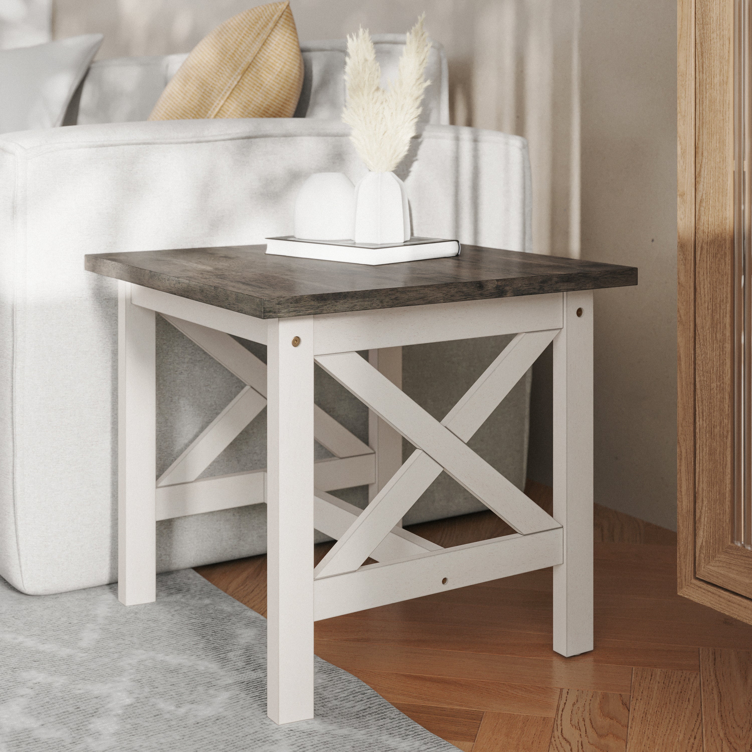 Jasper Farmhouse Style Solid Wood End Table with Traditional X-Frame Design in Acacia Gray and Rustic White