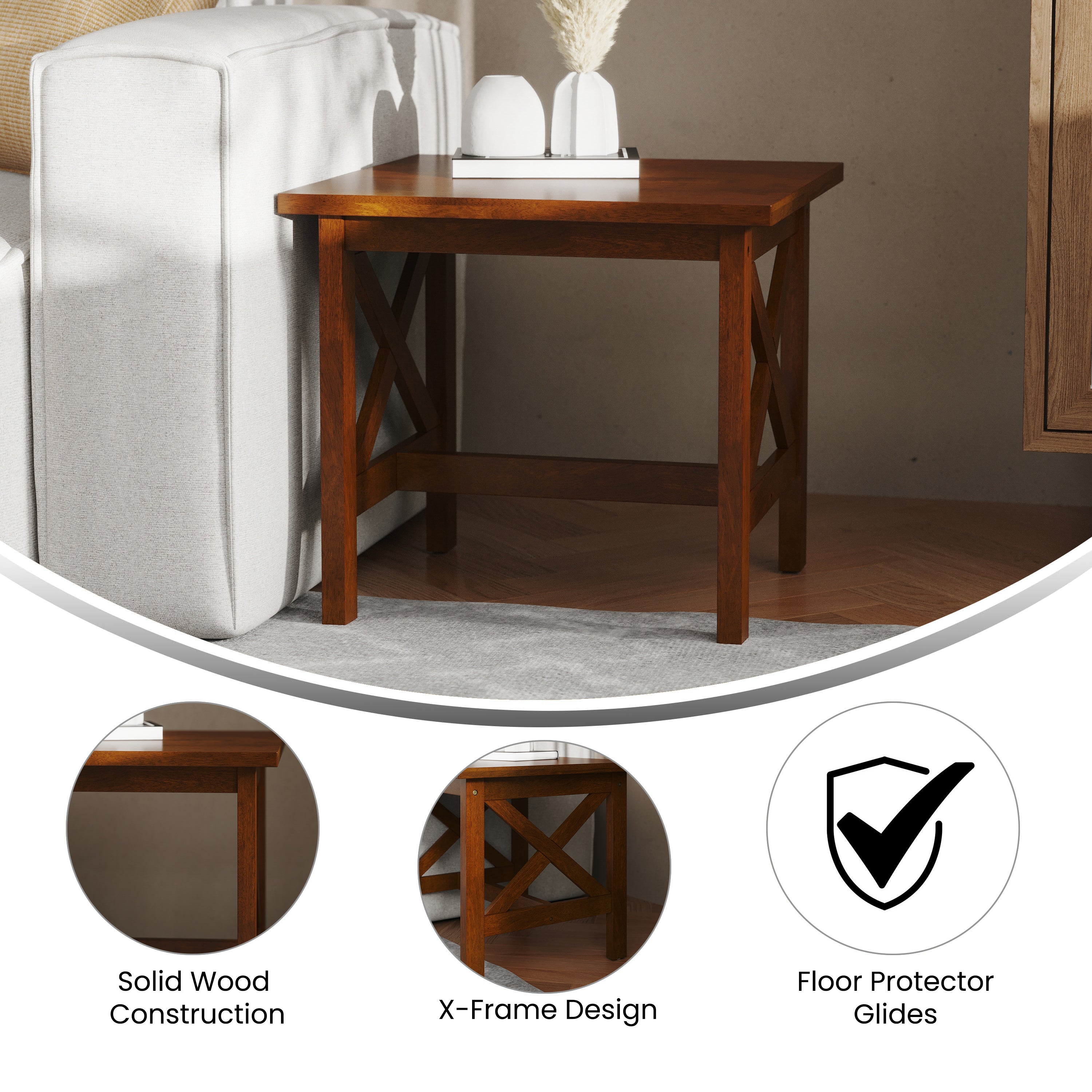 Jasper Farmhouse Style Solid Wood End Table with Traditional X-Frame Design in Walnut