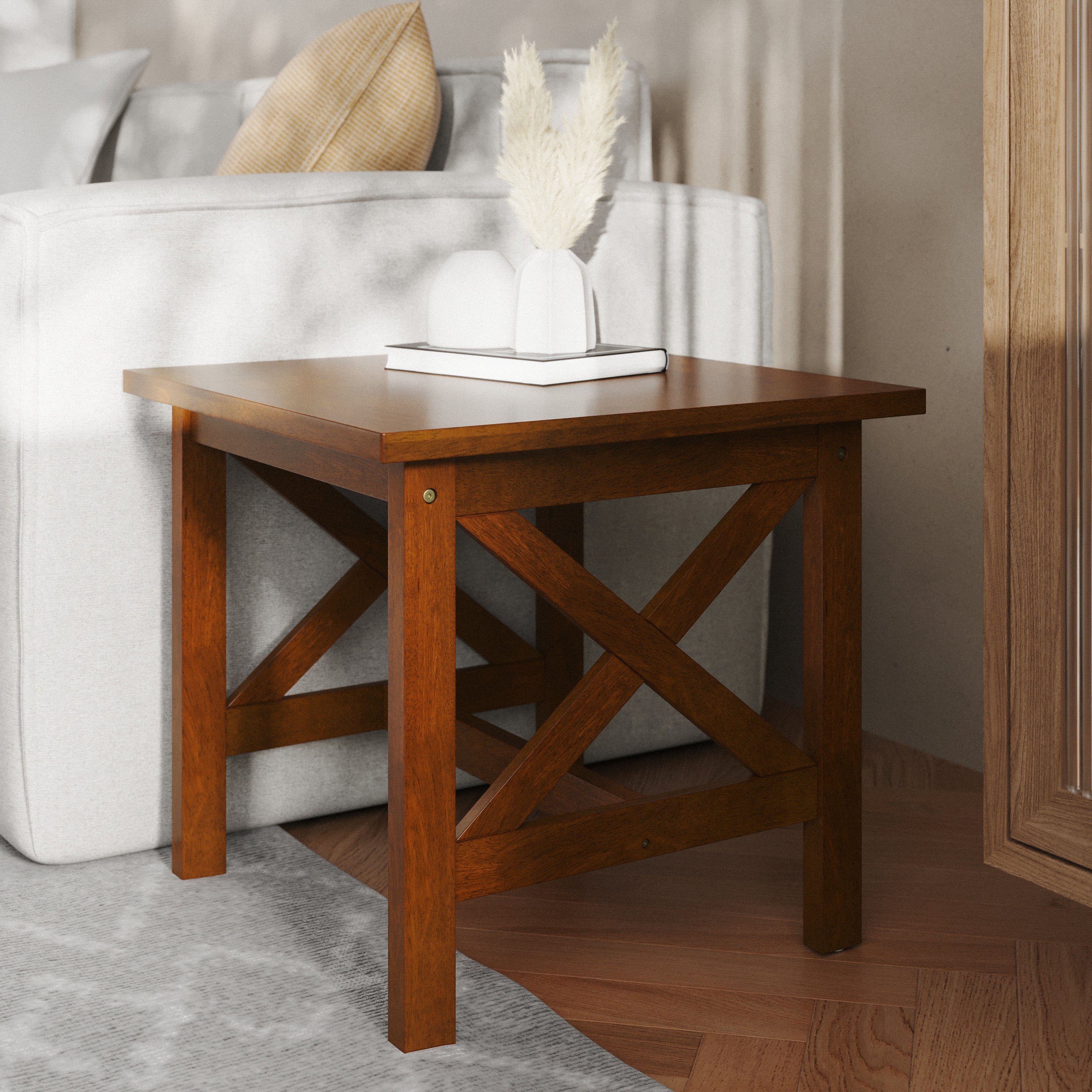 Jasper Farmhouse Style Solid Wood End Table with Traditional X-Frame Design in Walnut