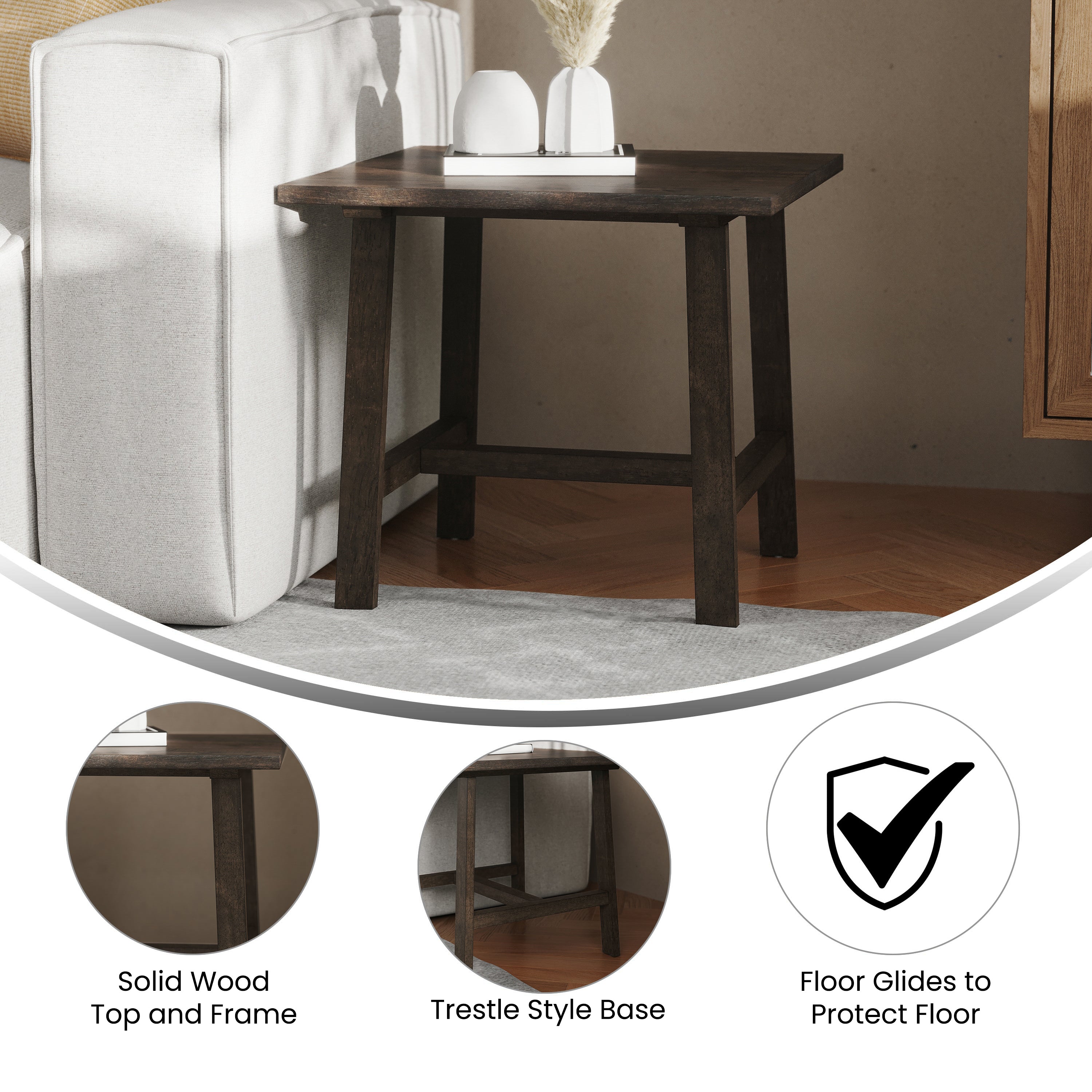 Eli Solid Wood Farmhouse End Table, Trestle Style Accent Table in Dark Gray