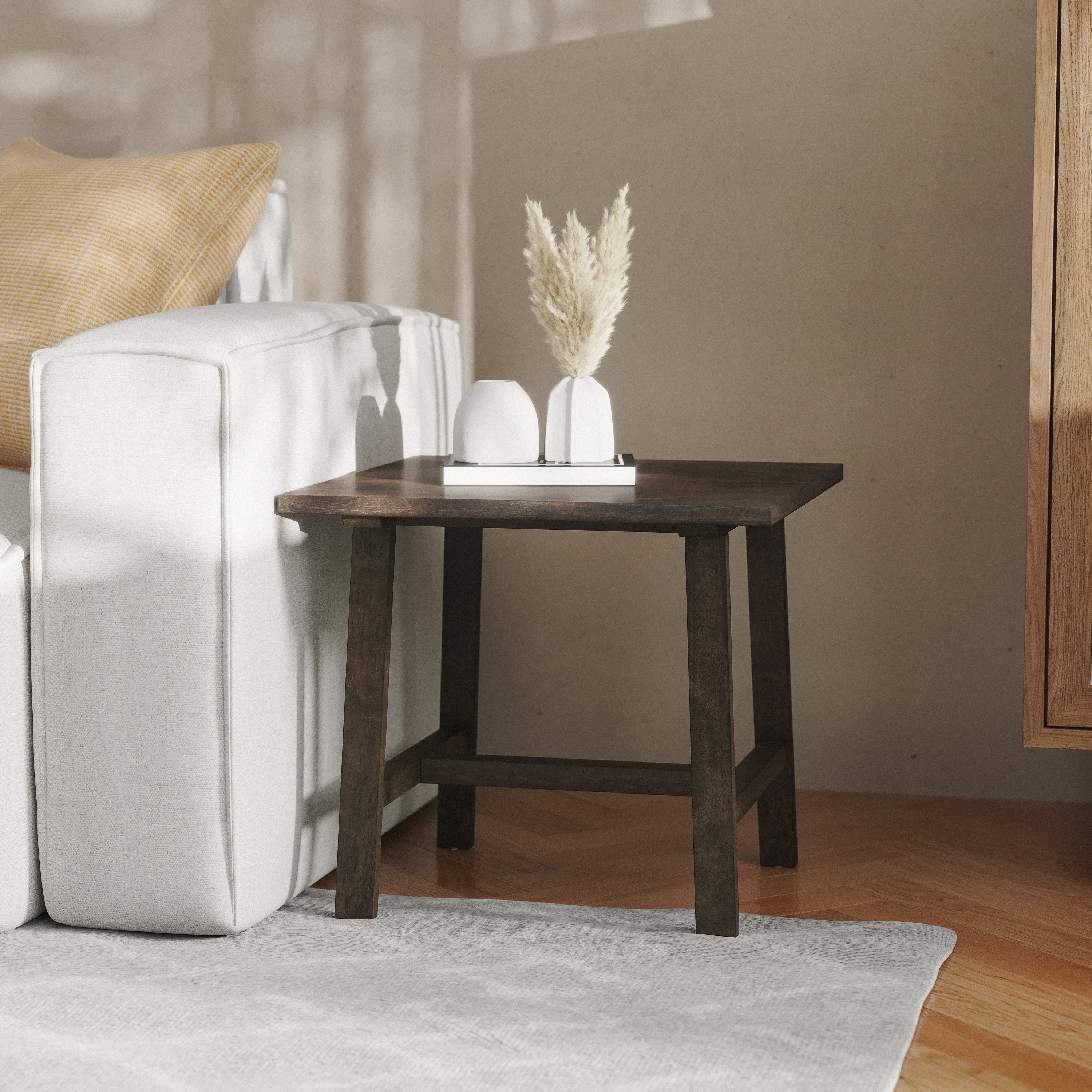 Eli Solid Wood Farmhouse End Table, Trestle Style Accent Table in Dark Gray