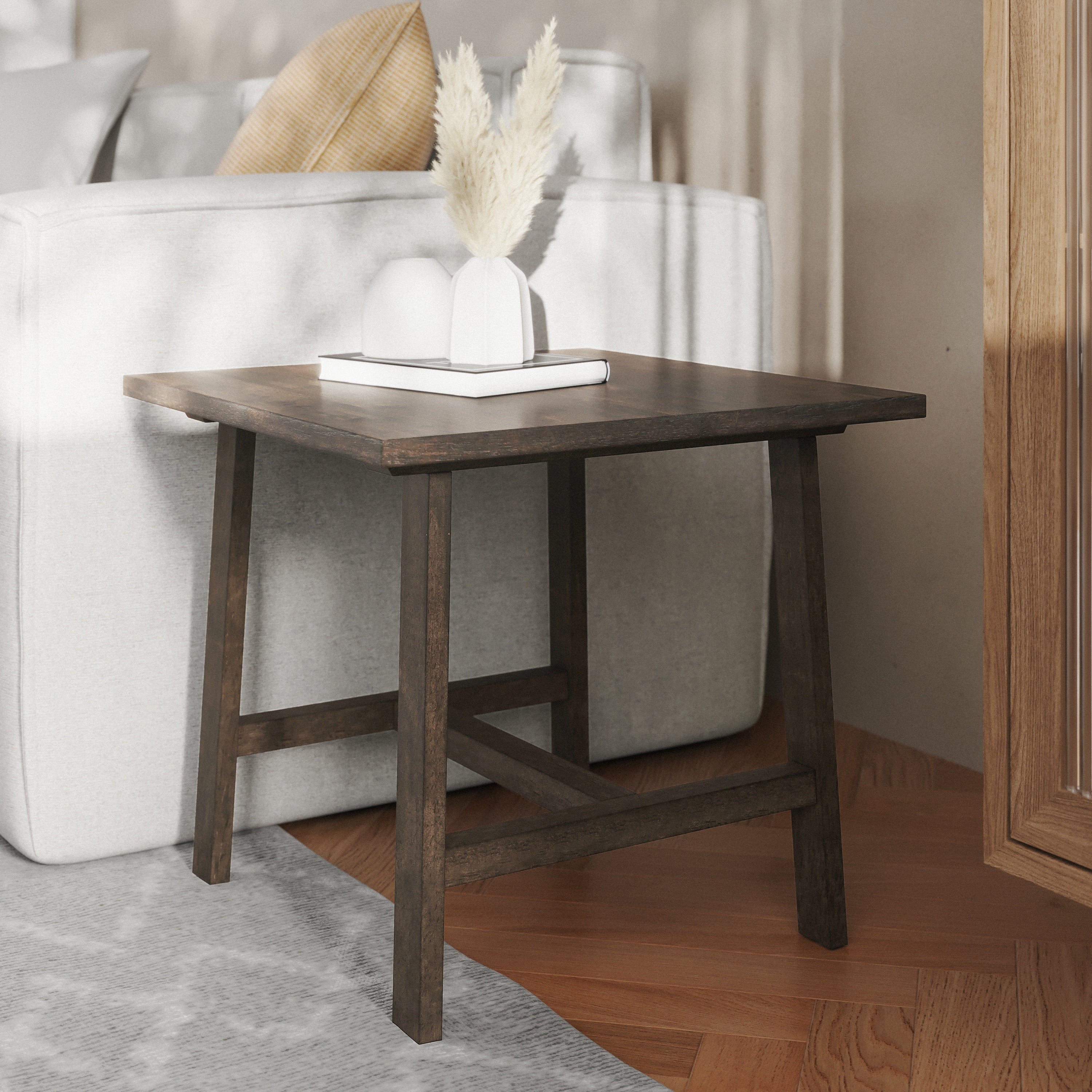 Eli Solid Wood Farmhouse End Table, Trestle Style Accent Table in Dark Gray