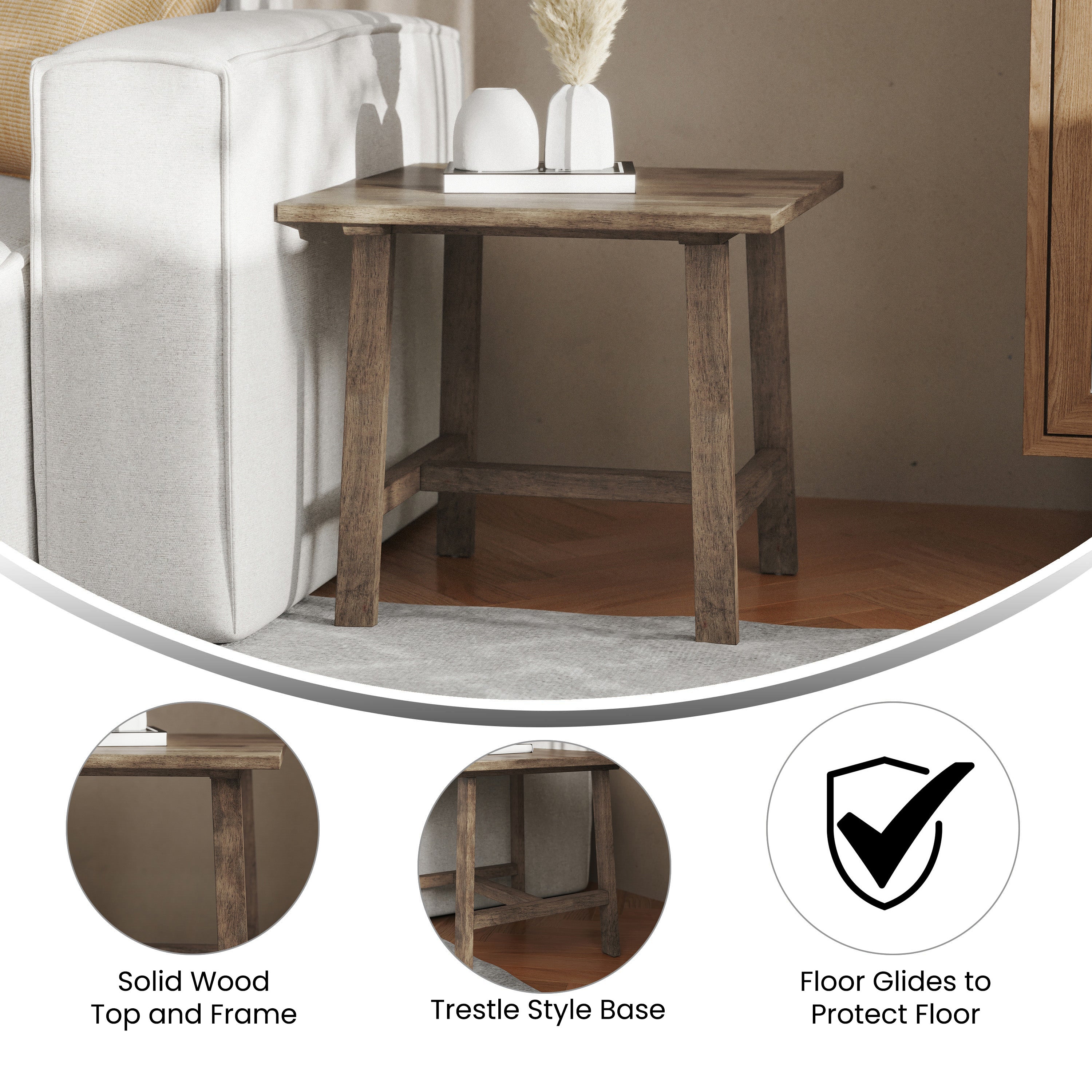 Eli Solid Wood Farmhouse End Table, Trestle Style Accent Table in Rustic Brown