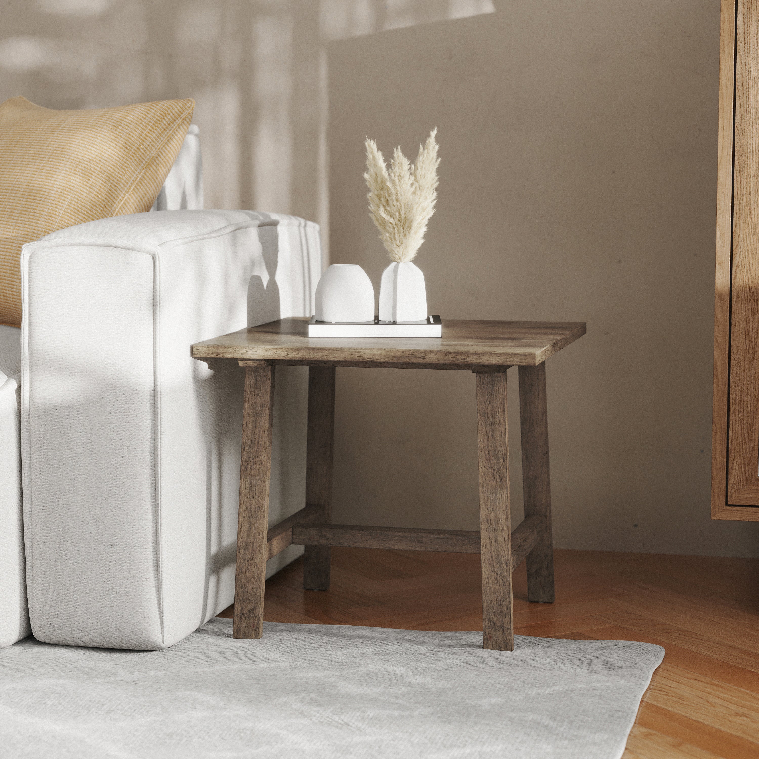 Eli Solid Wood Farmhouse End Table, Trestle Style Accent Table in Rustic Brown