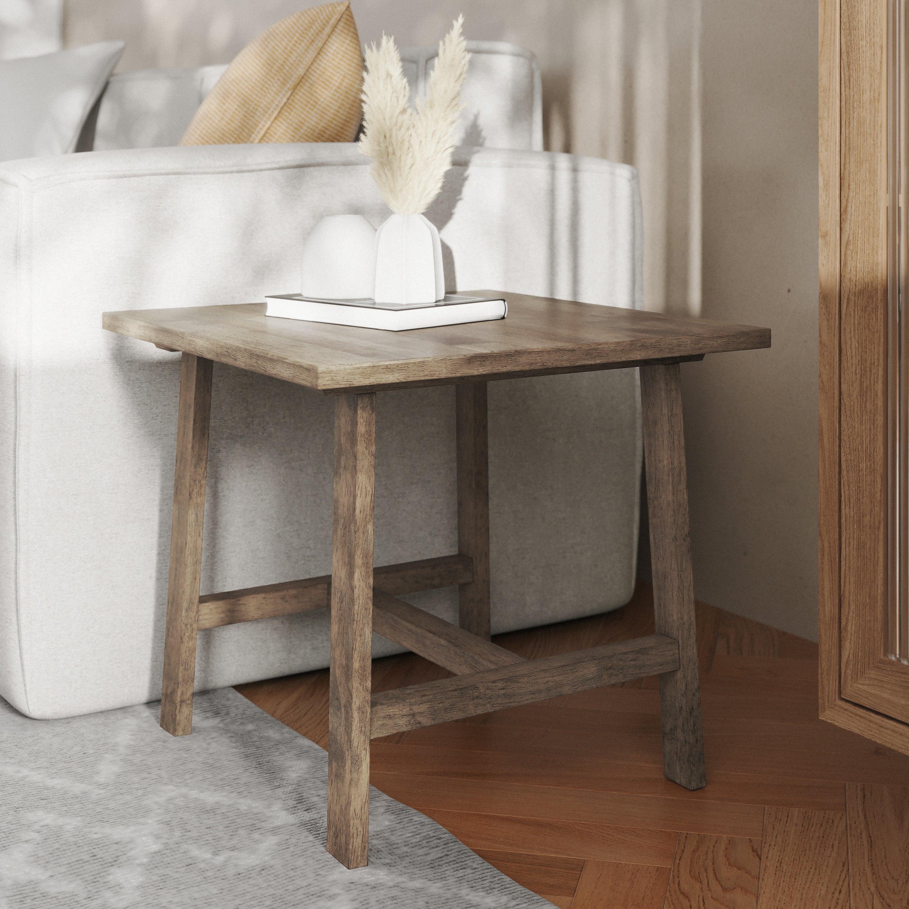Eli Solid Wood Farmhouse End Table, Trestle Style Accent Table in Rustic Brown