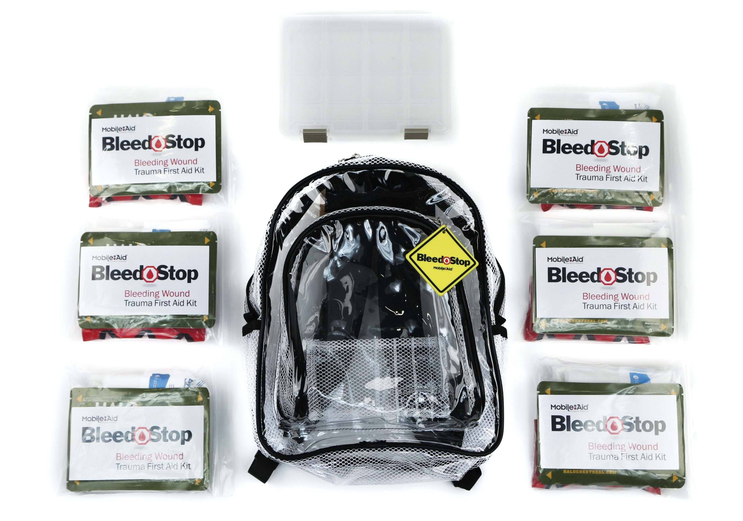 MobileAid® Clear-View™ BleedStop Mass-Casualty Backpack Kit with 6 Bleeding Control Essentials Packs