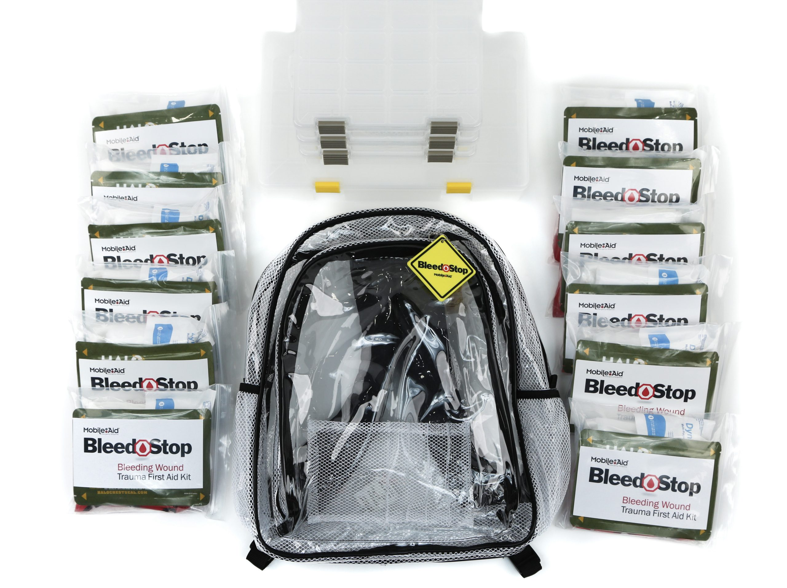 MobileAid® Clear-View™ BleedStop Mass-Casualty Backpack Kit with 12 Bleeding Control Essentials Packs