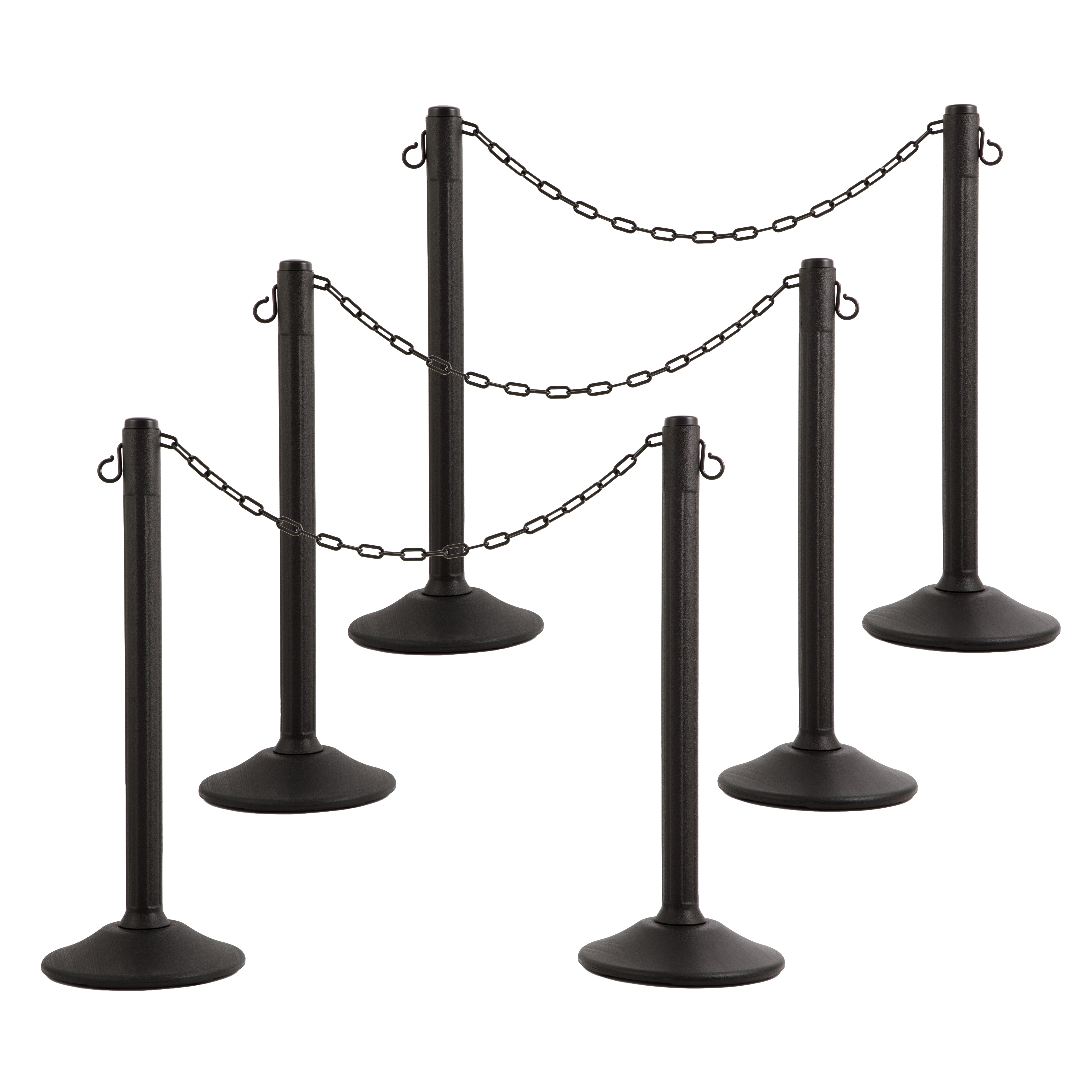 Black Plastic Stanchions Crowd Control Barriers With 10' Black Plastic Chain – Easy to Use Lightweight Fillable Base Line Dividers - 6 Pack