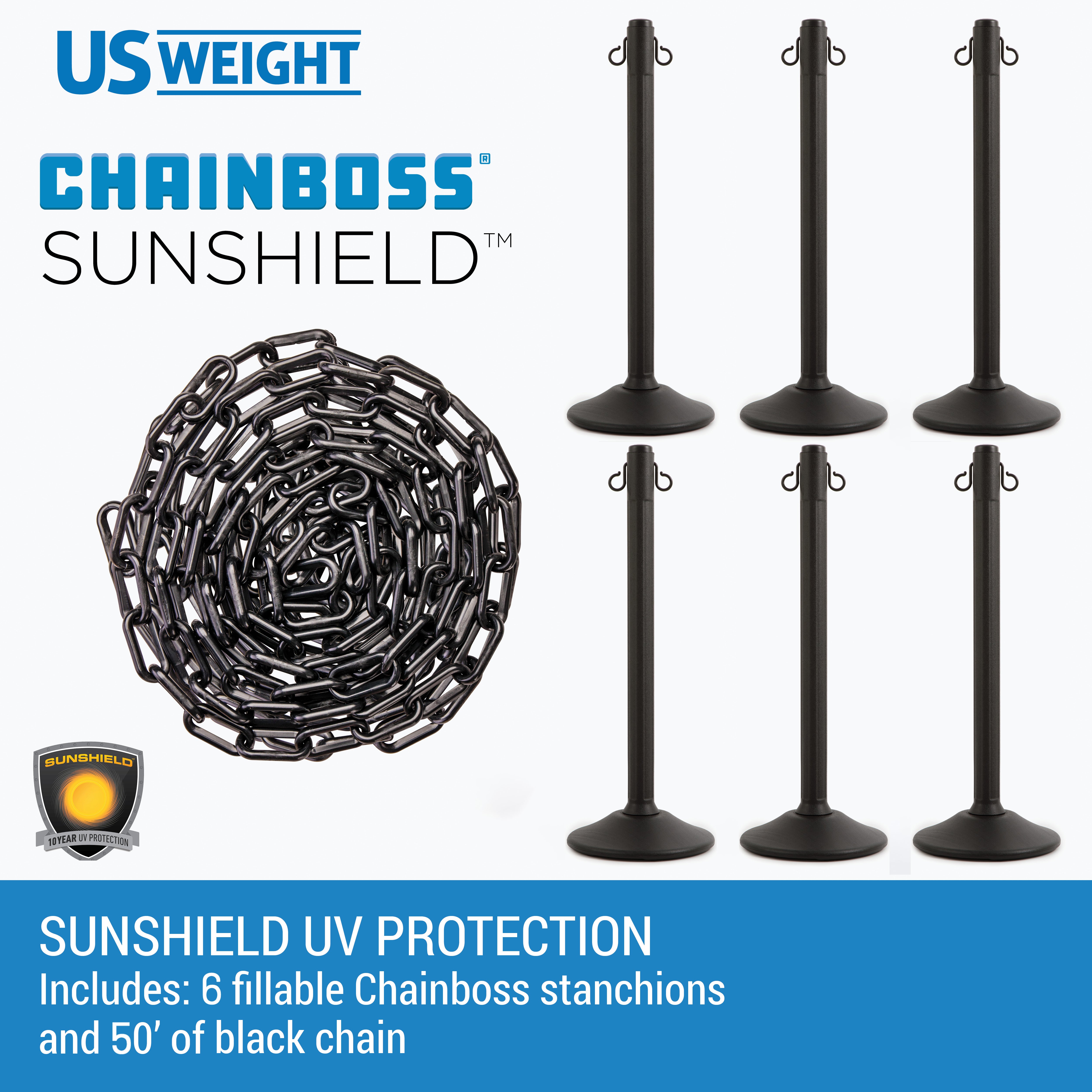 Black Plastic Stanchions Crowd Control Barriers With 10' Black Plastic Chain – Easy to Use Lightweight Fillable Base Line Dividers - 6 Pack