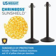 Black Plastic Stanchions Crowd Control Barriers With 10' Yellow Plastic Chain – Easy to Use Lightweight Fillable Base Line Dividers