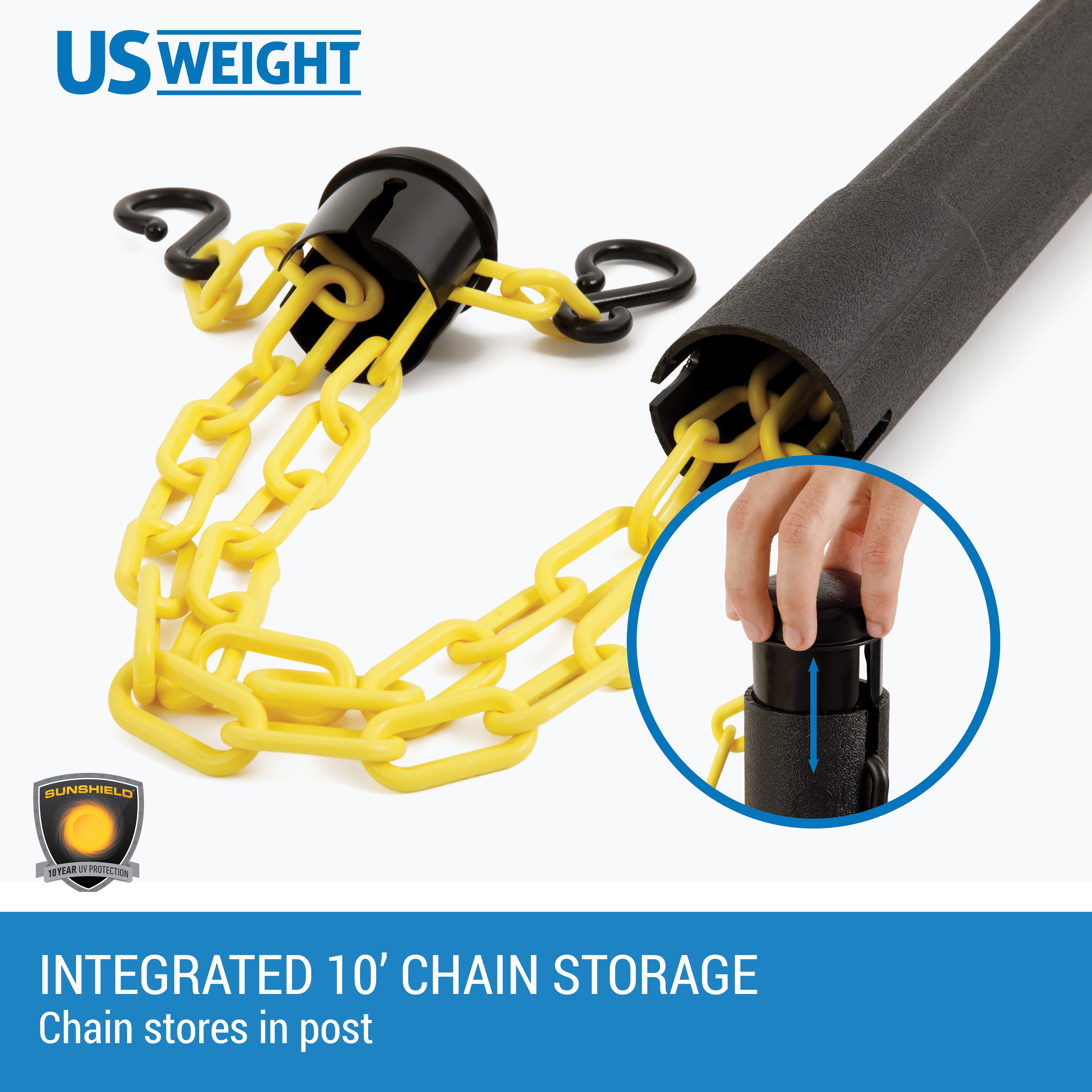 Black Plastic Stanchions Crowd Control Barriers With 10' Yellow Plastic Chain – Easy to Use Lightweight Fillable Base Line Dividers
