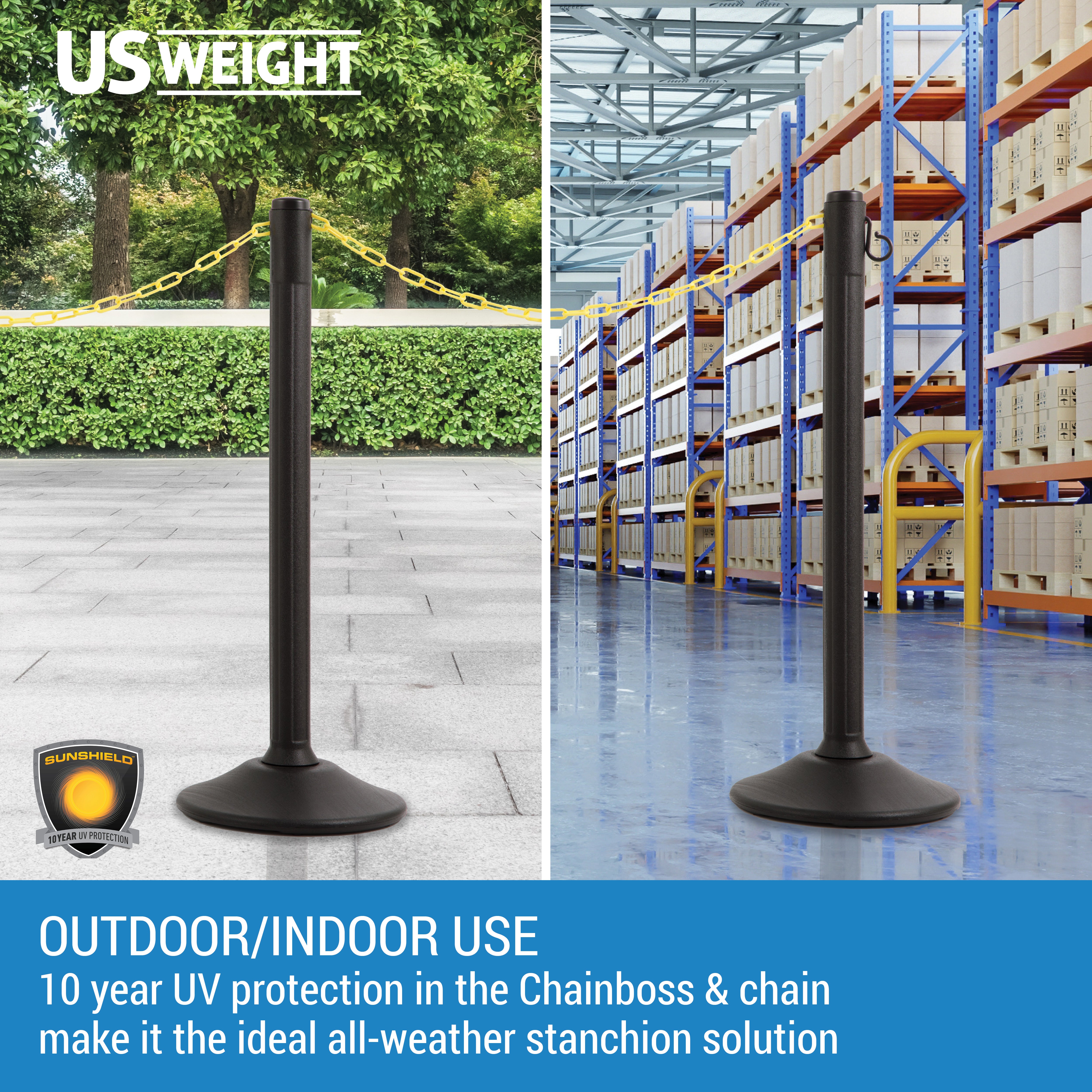 Black Plastic Stanchions Crowd Control Barriers With 10' Yellow Plastic Chain – Easy to Use Lightweight Fillable Base Line Dividers