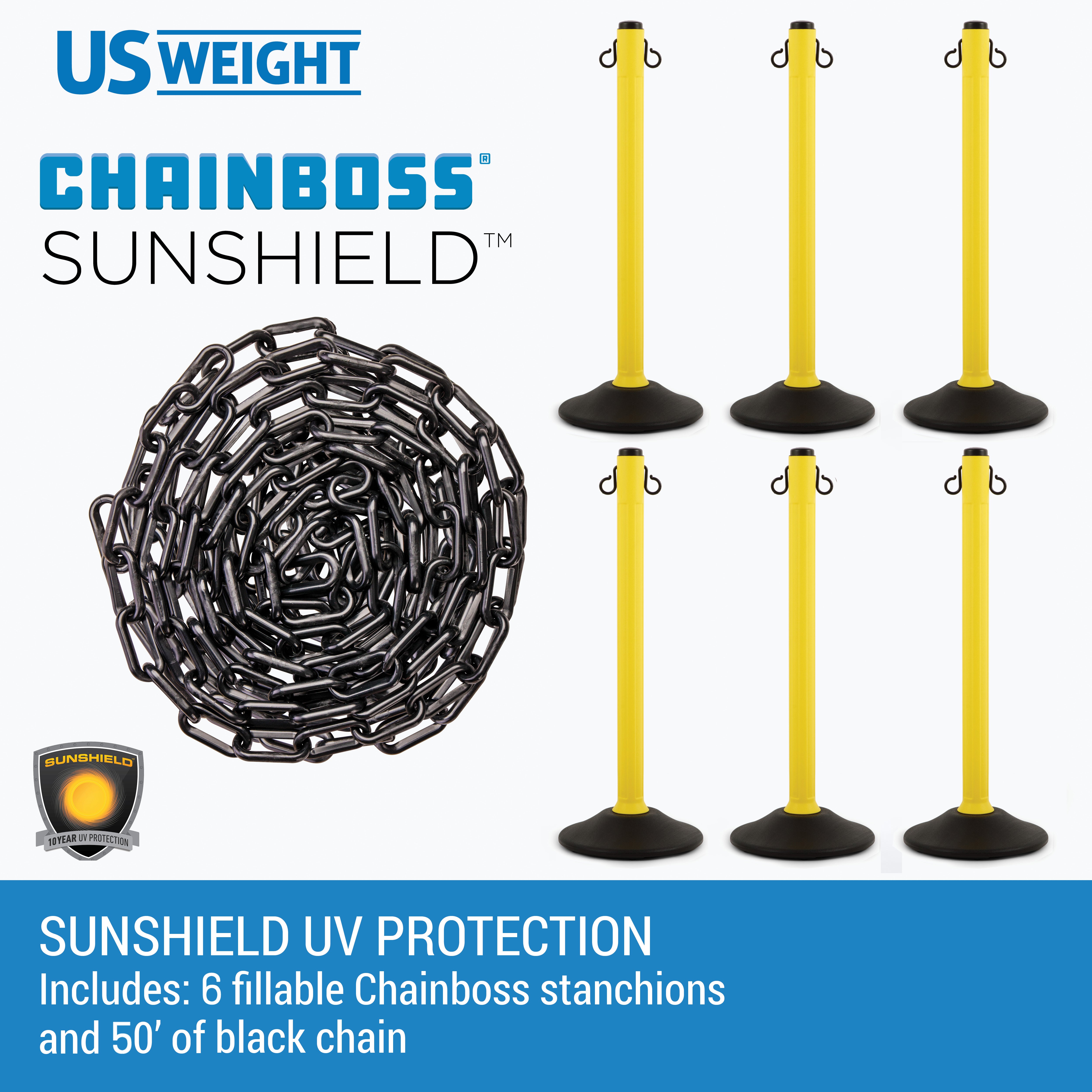 Yellow Plastic Stanchions Crowd Control Barriers With 10' of Black Plastic Chain – Easy to Use Lightweight Fillable Base Line Dividers
