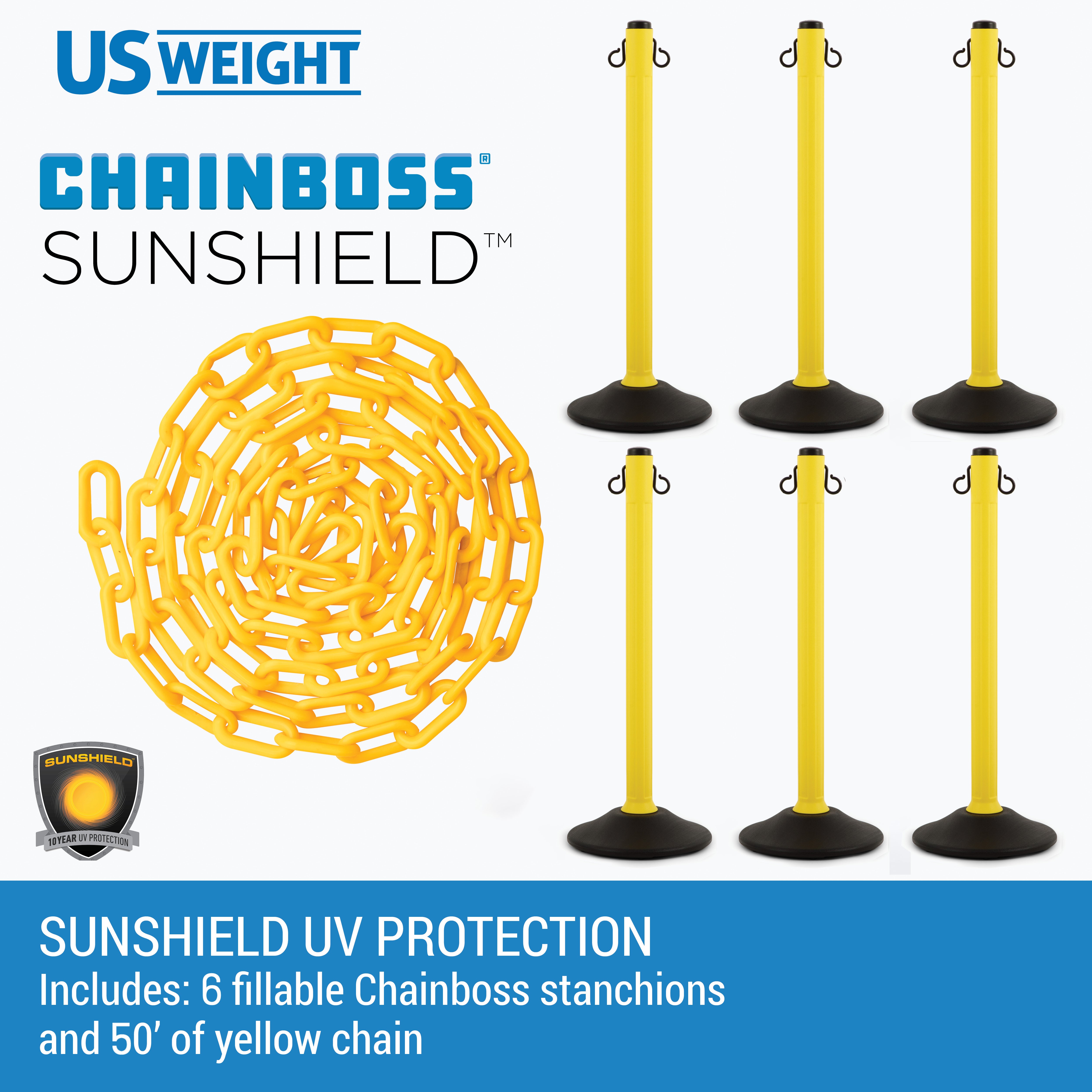 Yellow Plastic Stanchions Crowd Control Barriers With 10' of Yellow Plastic Chain – Easy to Use Lightweight Fillable Base Line Dividers