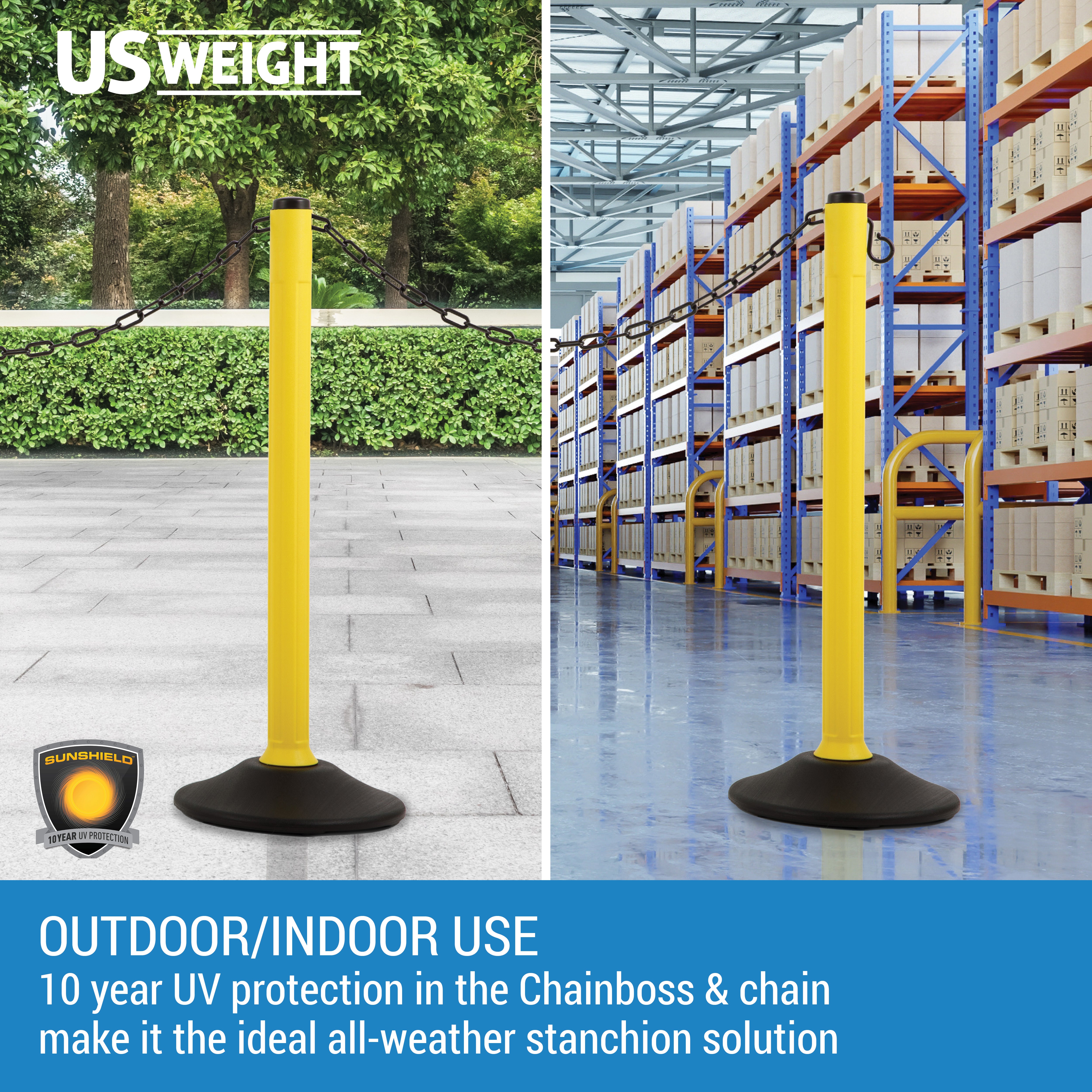 Yellow Plastic Stanchions Crowd Control Barriers With 10' of Black Plastic Chain – Easy to Use Lightweight Fillable Base Line Dividers