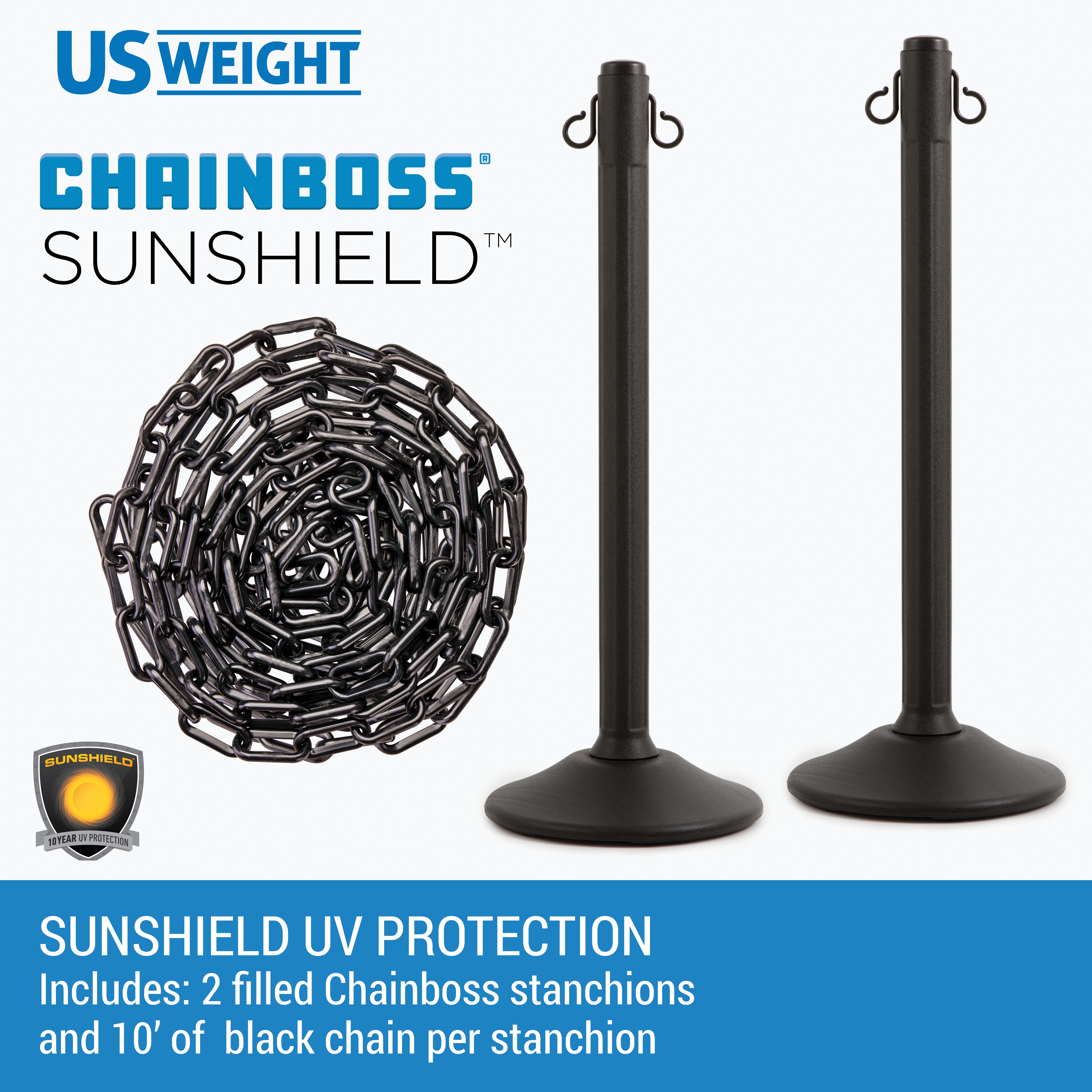 Black Plastic Stanchions Crowd Control Barriers With 10' of Black Plastic Chain – Easy to Use Lightweight Pre-Filled Weighted Base Line Dividers
