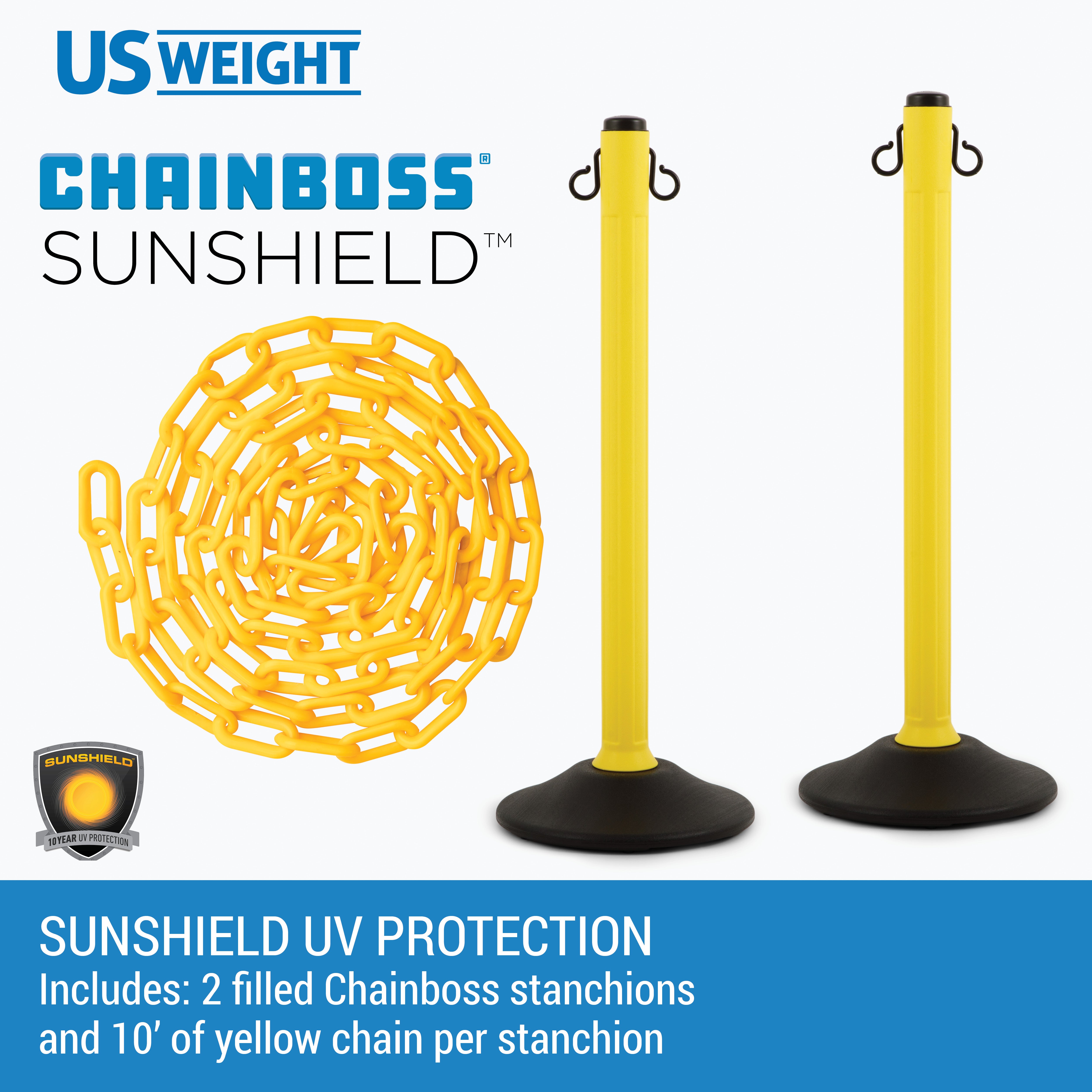 Yellow Plastic Stanchions Crowd Control Barriers With 10 Feet of Yellow Plastic Chain – Easy to Use Lightweight Filled Base Line Dividers