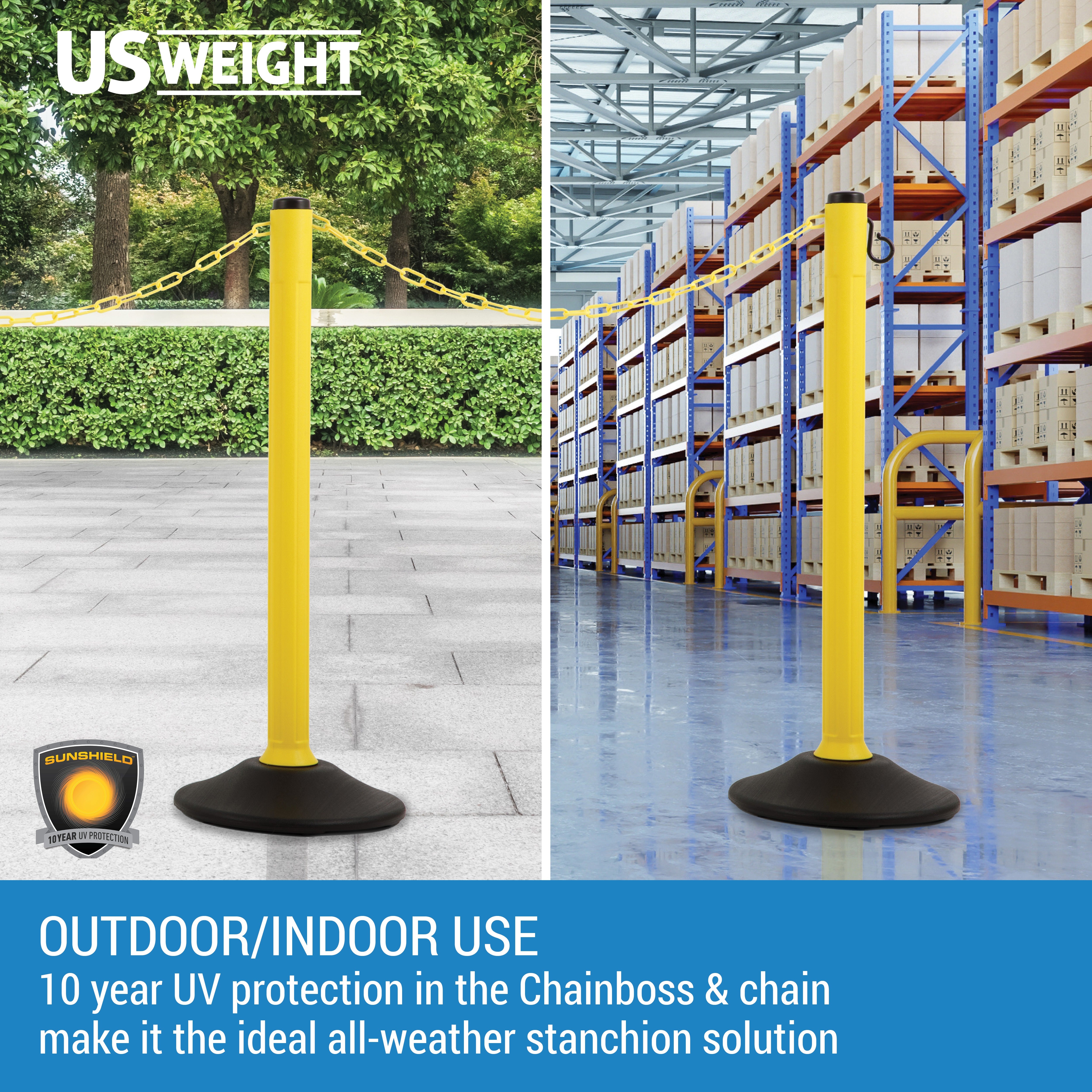 Yellow Plastic Stanchions Crowd Control Barriers With 10 Feet of Yellow Plastic Chain – Easy to Use Lightweight Filled Base Line Dividers