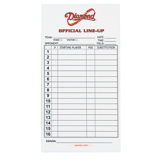 Diamond® Dugout - Line Up Cards, Multi-Part, Set Of 25 - Pack Of Pk