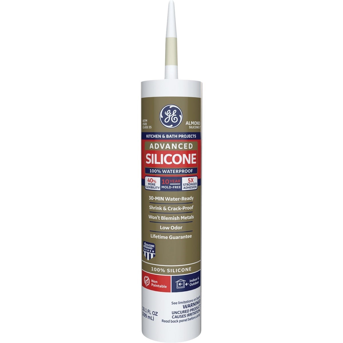 GE Advanced Silicone 2 Kitchen & Bath Sealant, Almond, 10.1oz