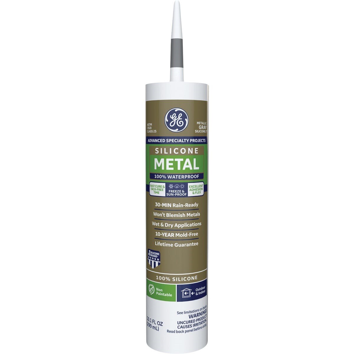 GE Metal Silicone 2 Sealant, Metallic Grey, 10.1 Oz.