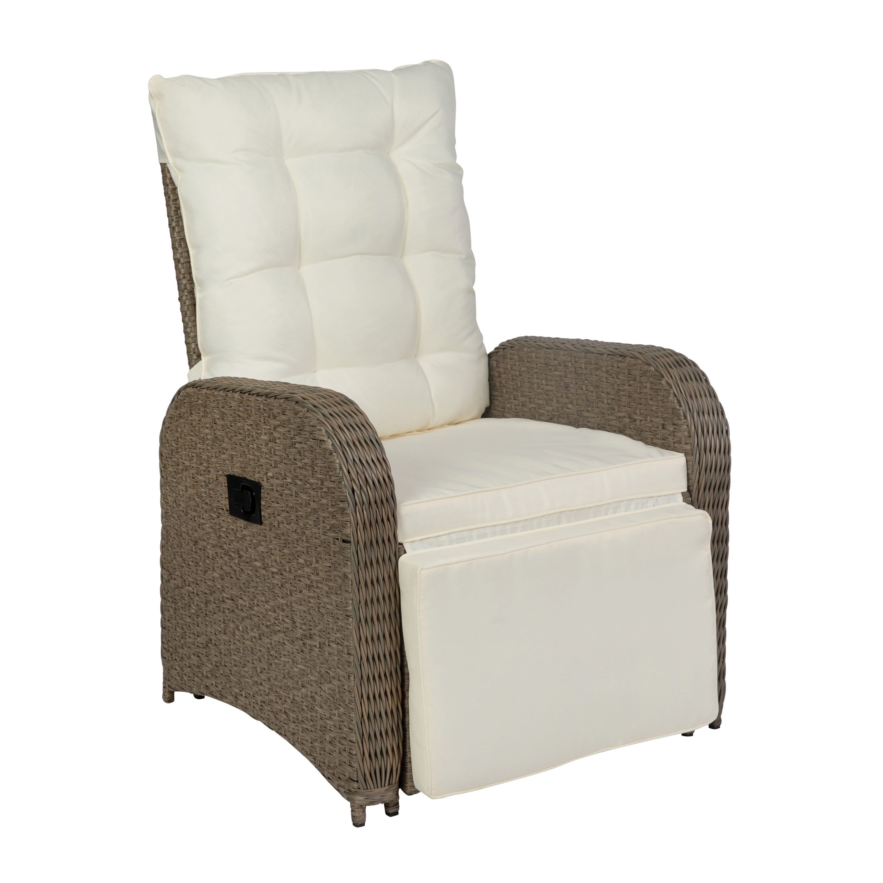 Nemo Indoor/Outdoor Patio Wicker Rattan Recliner Lounge Chair with Flip up Side Table, Beige and Brown