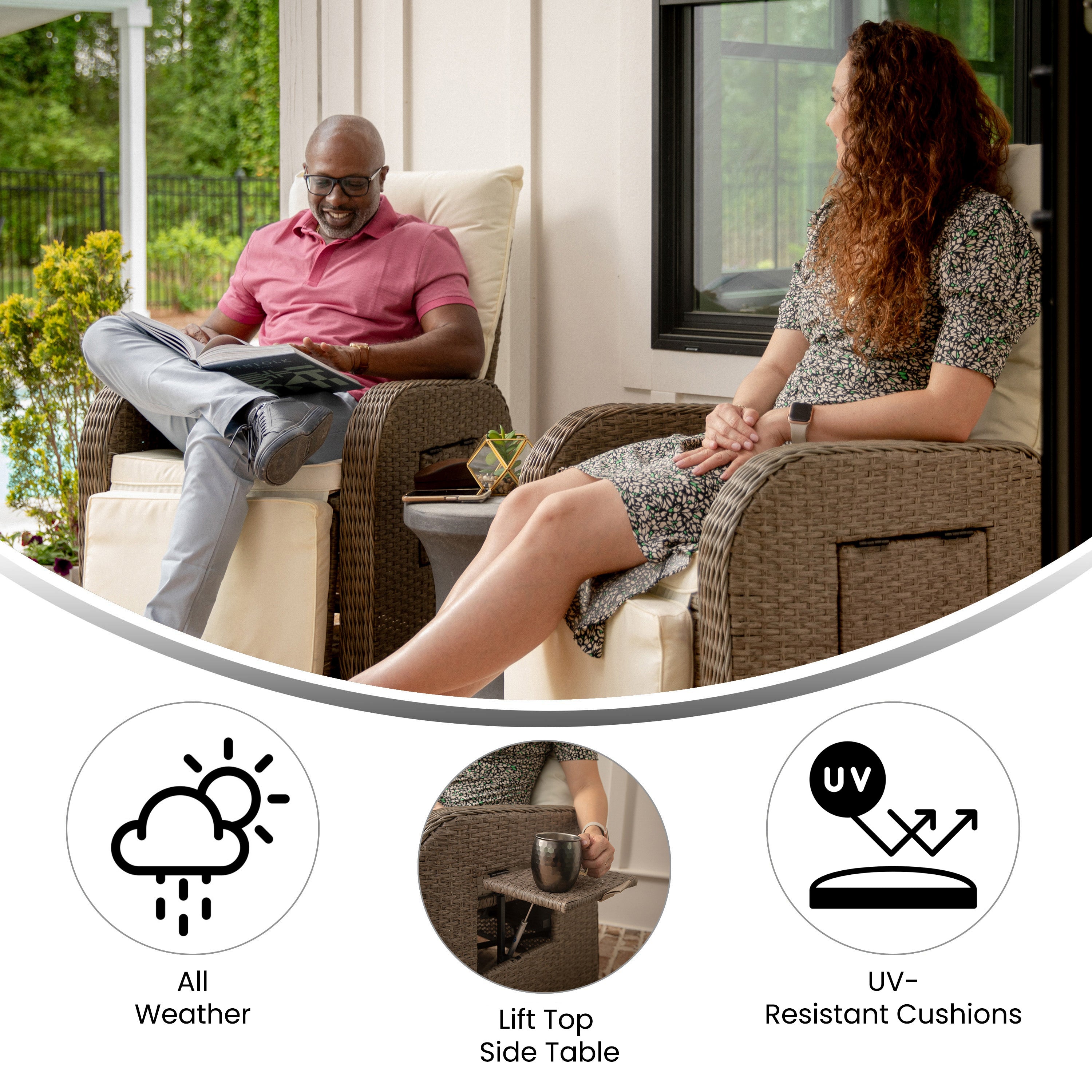 Nemo Indoor/Outdoor Patio Wicker Rattan Recliner Lounge Chair with Flip up Side Table, Beige and Brown