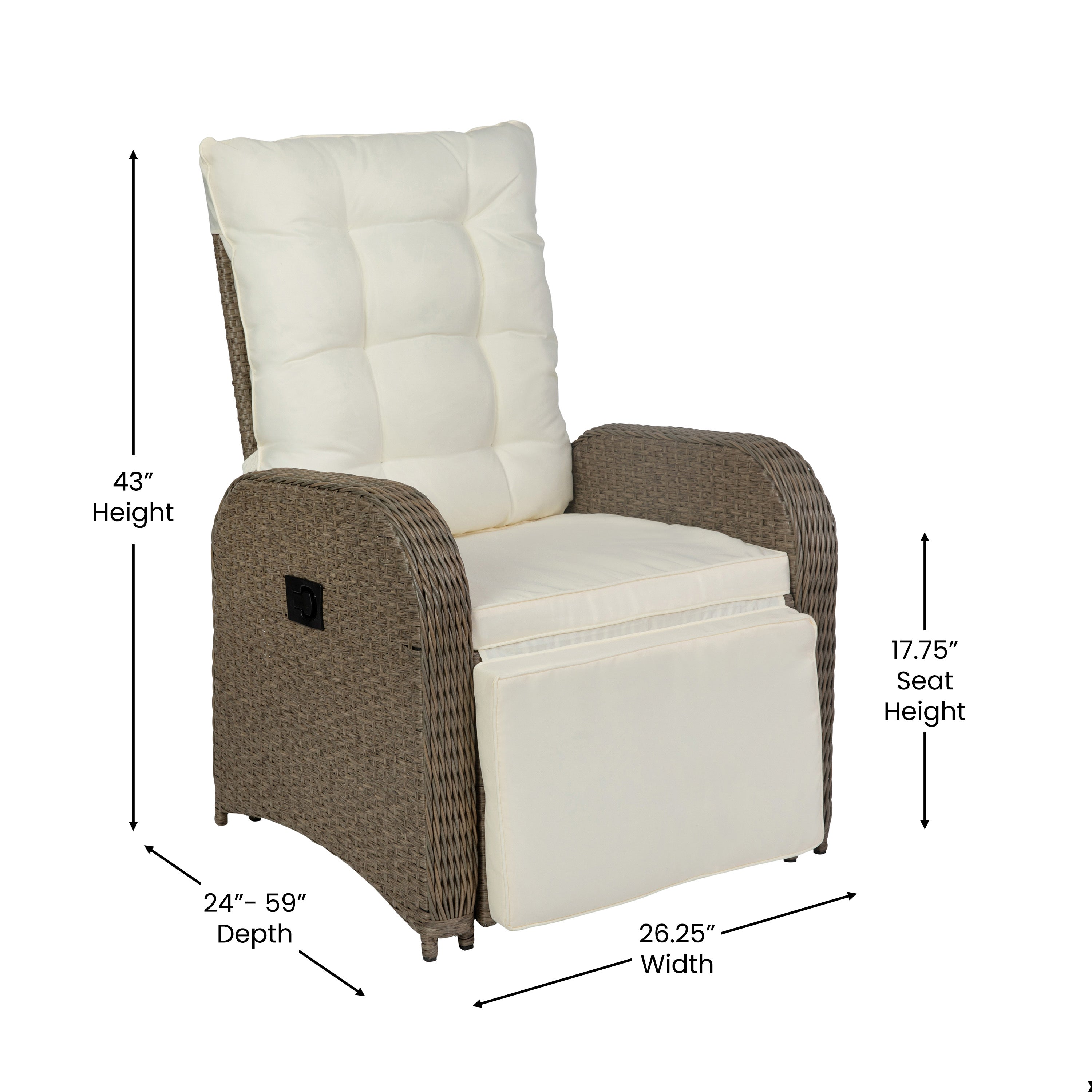Nemo Indoor/Outdoor Patio Wicker Rattan Recliner Lounge Chair with Flip up Side Table, Beige and Brown