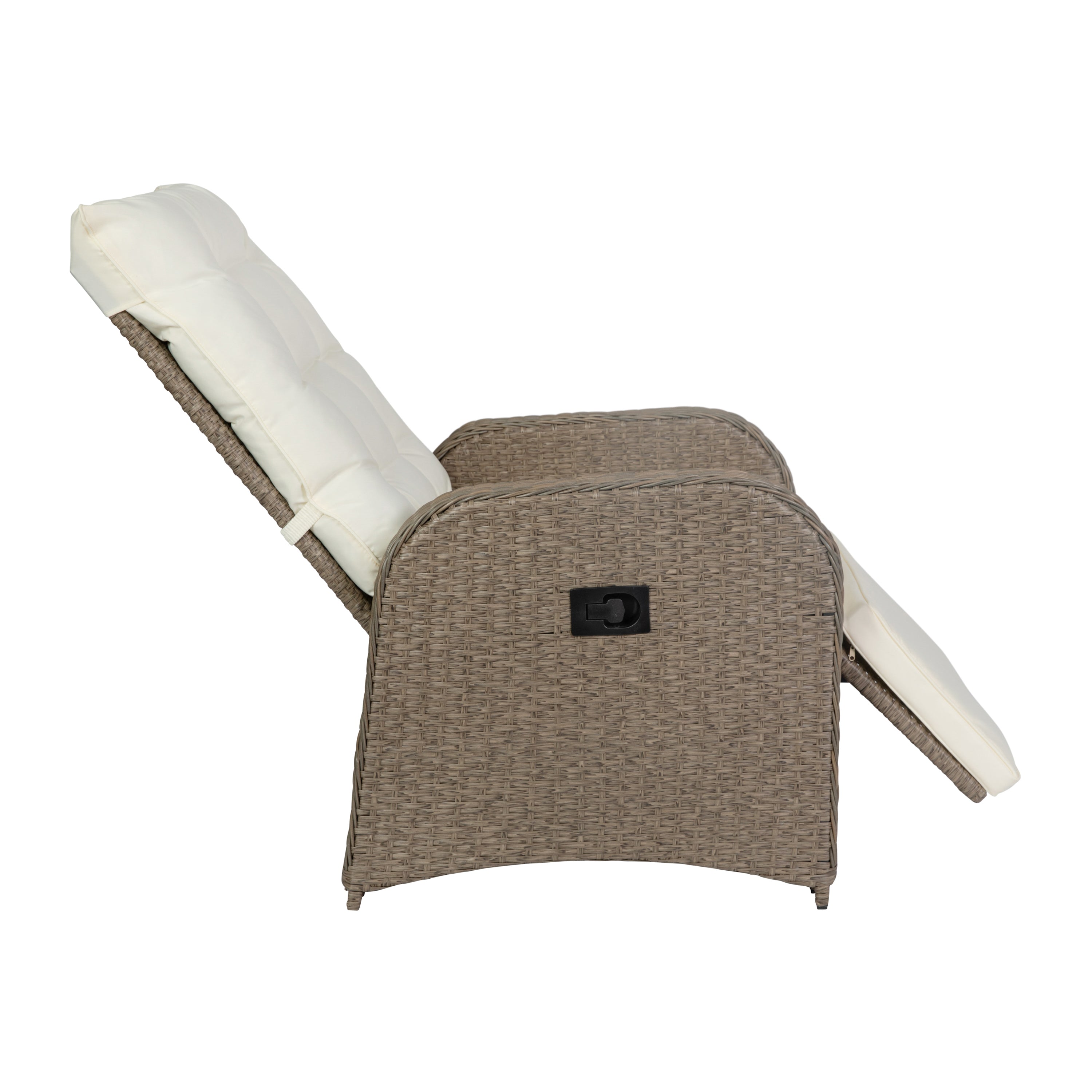 Nemo Indoor/Outdoor Patio Wicker Rattan Recliner Lounge Chair with Flip up Side Table, Beige and Brown