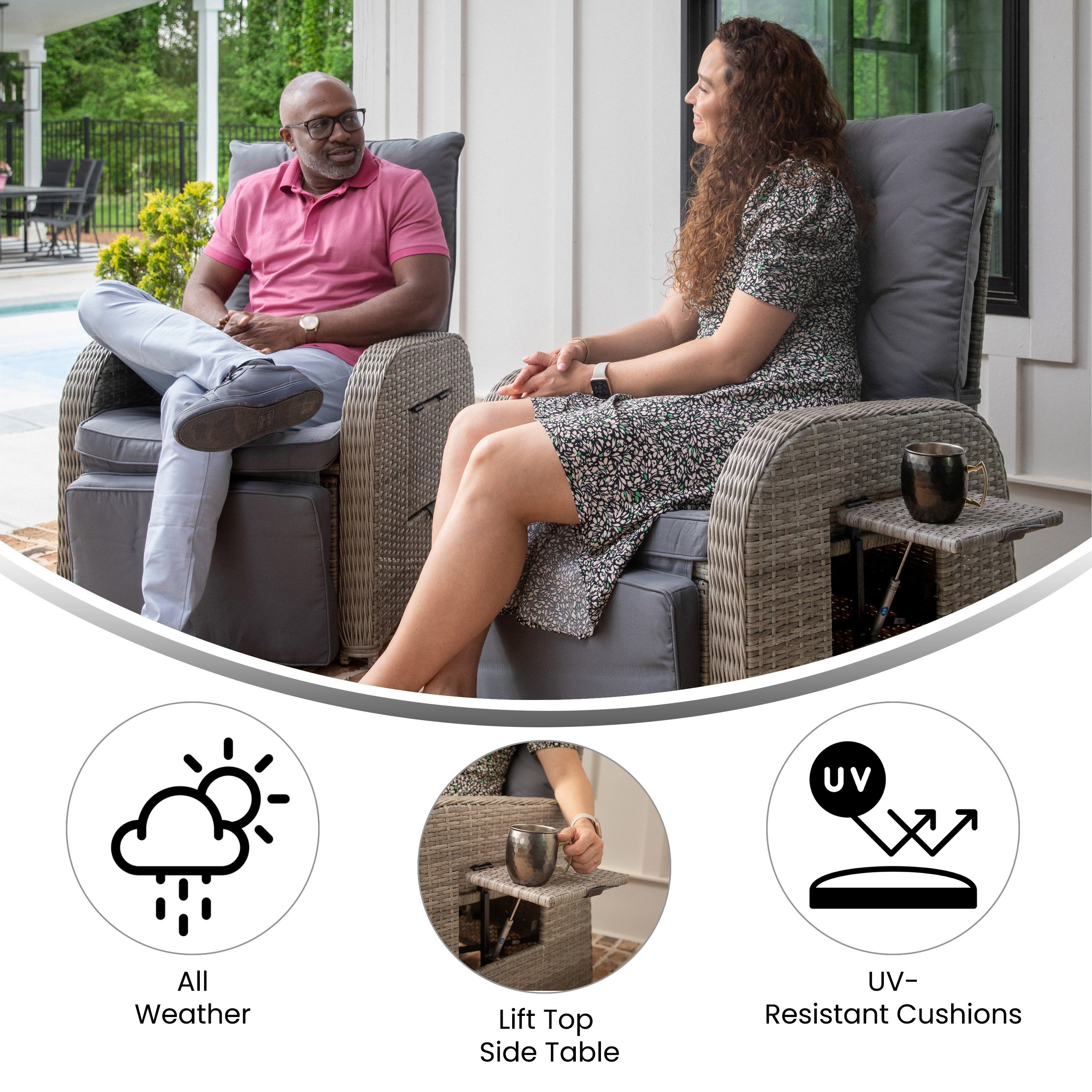 Nemo Indoor/Outdoor Patio Wicker Rattan Recliner Lounge Chair with Flip up Side Table, Gray