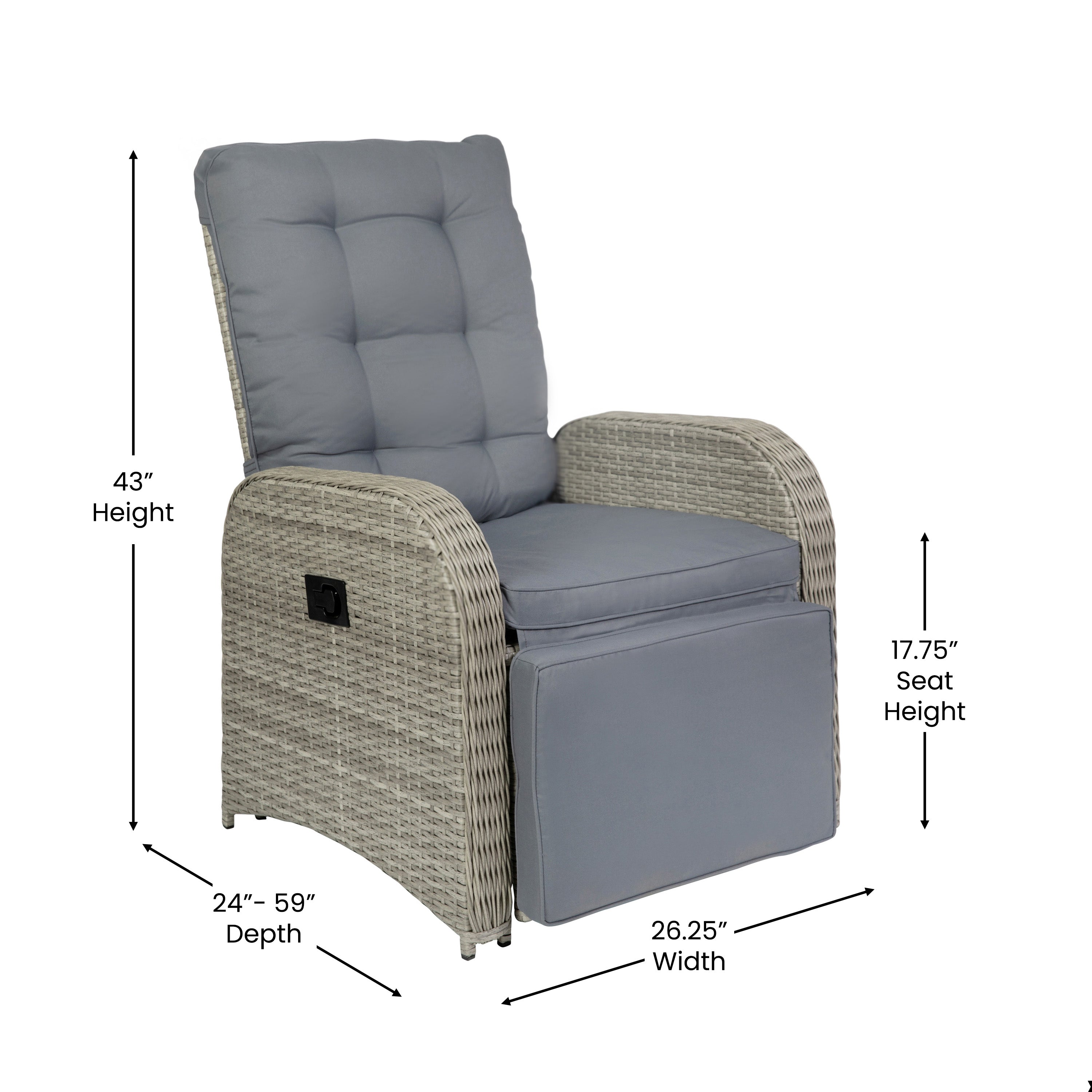 Nemo Indoor/Outdoor Patio Wicker Rattan Recliner Lounge Chair with Flip up Side Table, Gray