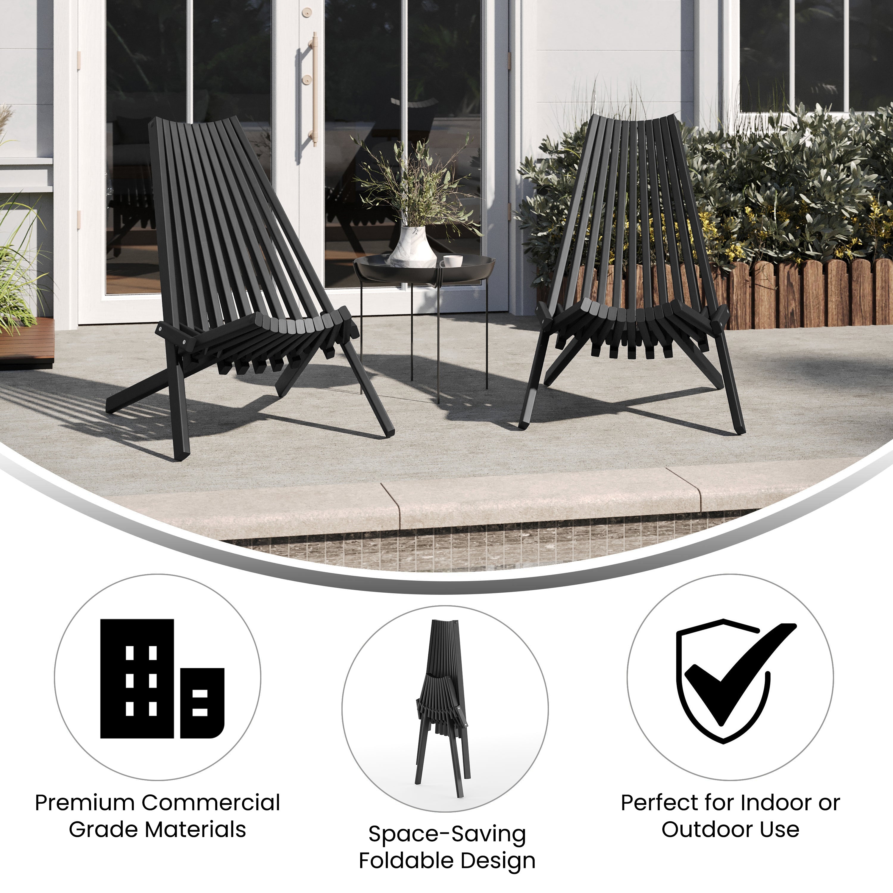 Delia Commercial Grade Indoor/Outdoor Folding Acacia Wood Chair, Low Profile Lounge for Patio, Porch, Garden, Black