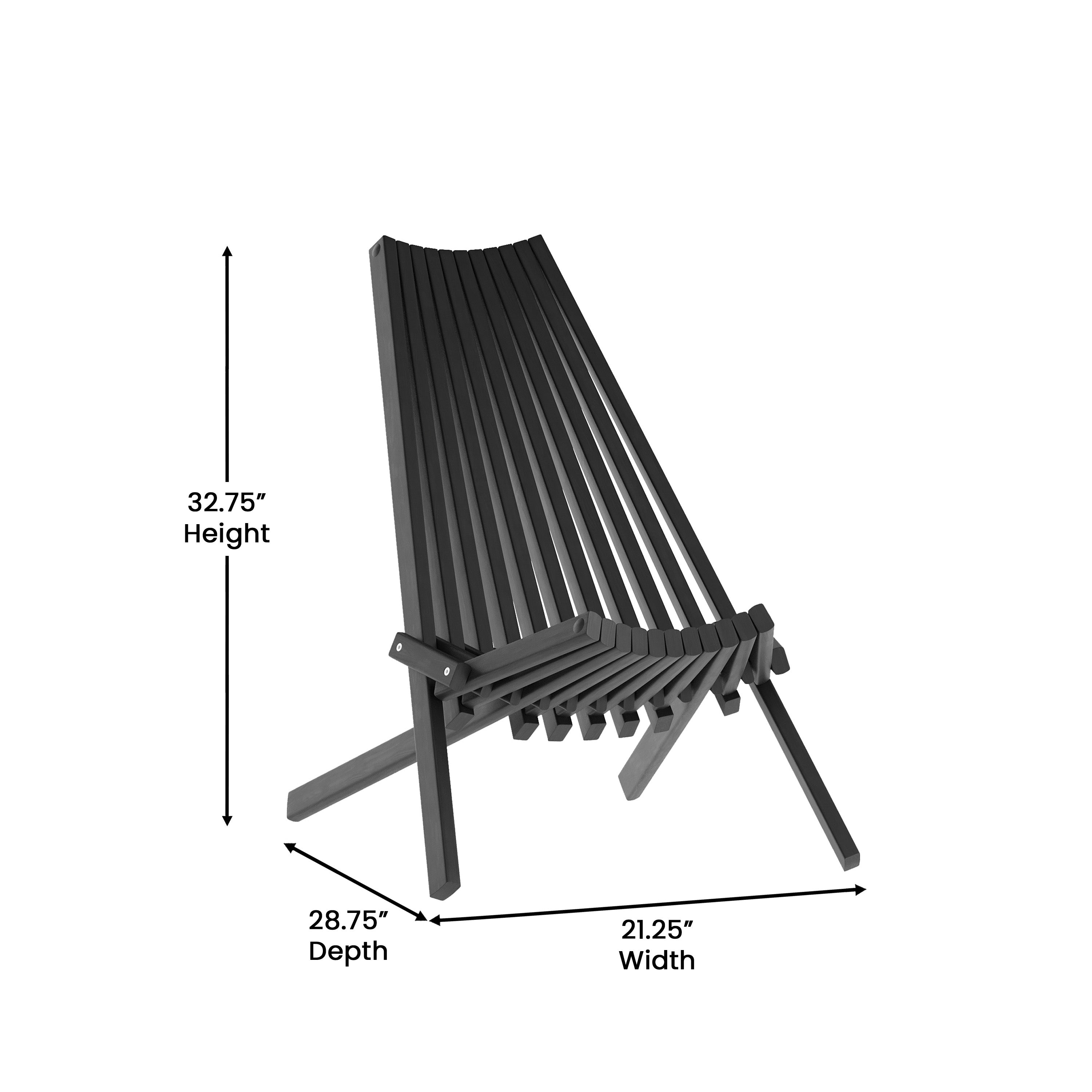 Delia Commercial Grade Indoor/Outdoor Folding Acacia Wood Chair, Low Profile Lounge for Patio, Porch, Garden, Black