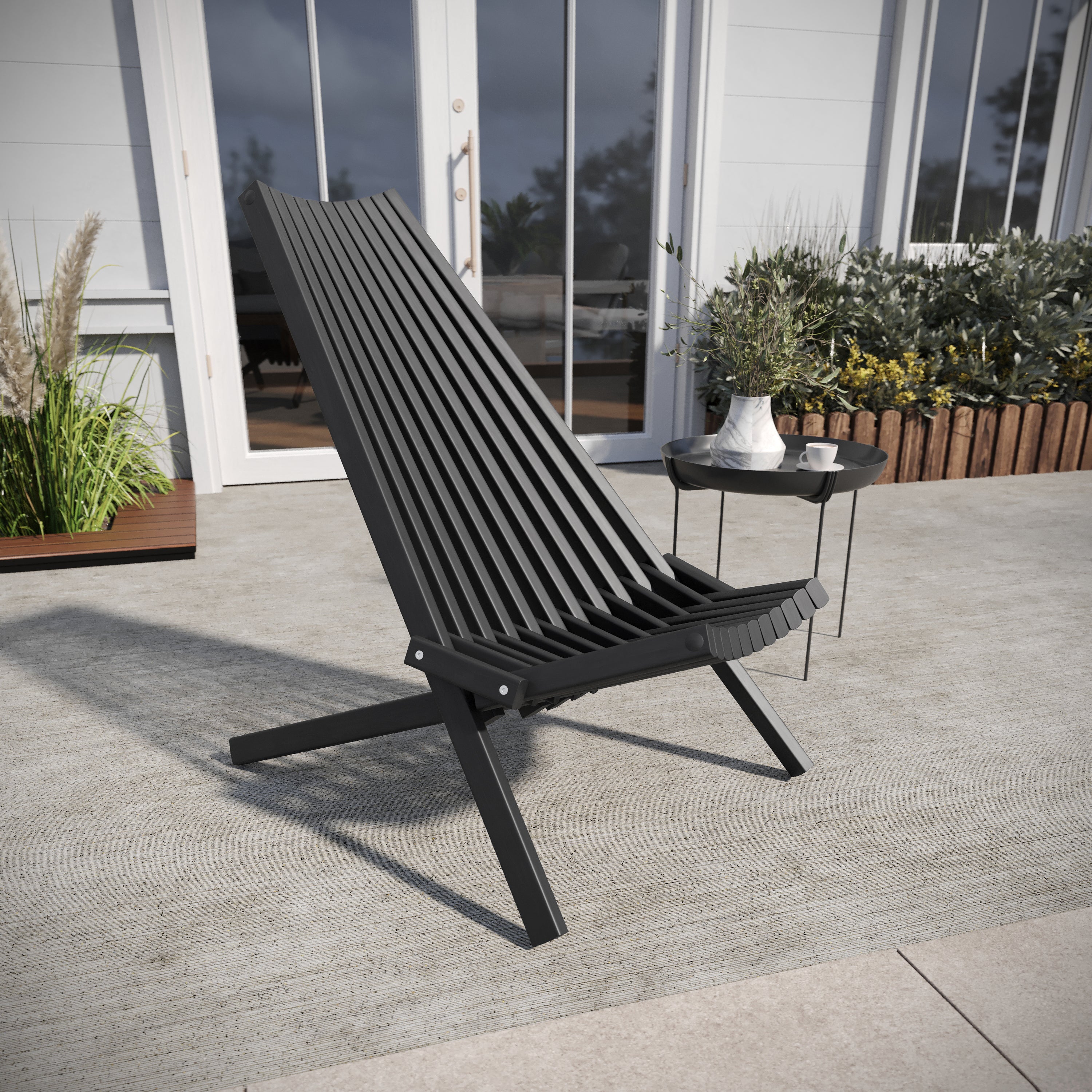 Delia Commercial Grade Indoor/Outdoor Folding Acacia Wood Chair, Low Profile Lounge for Patio, Porch, Garden, Black