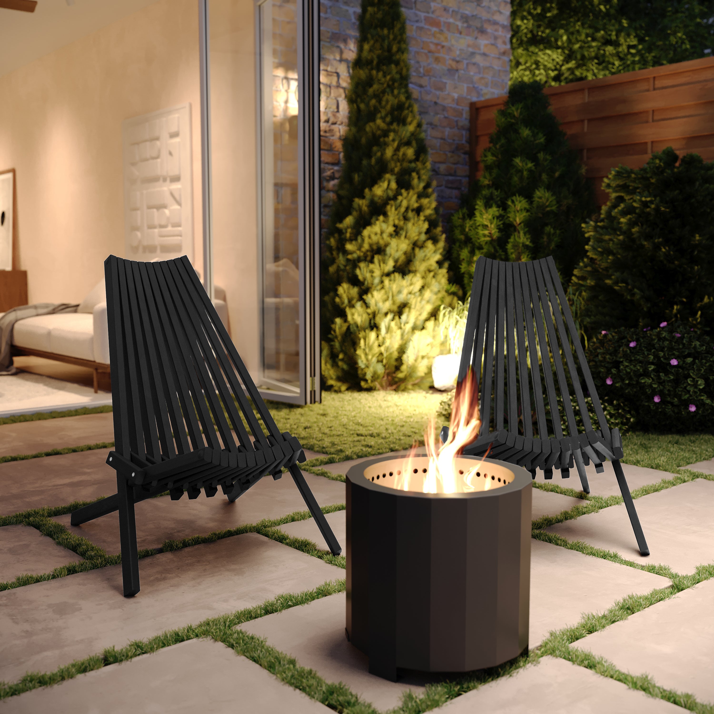 Delia Commercial Grade Indoor/Outdoor Folding Acacia Wood Chair, Low Profile Lounge for Patio, Porch, Garden, Black