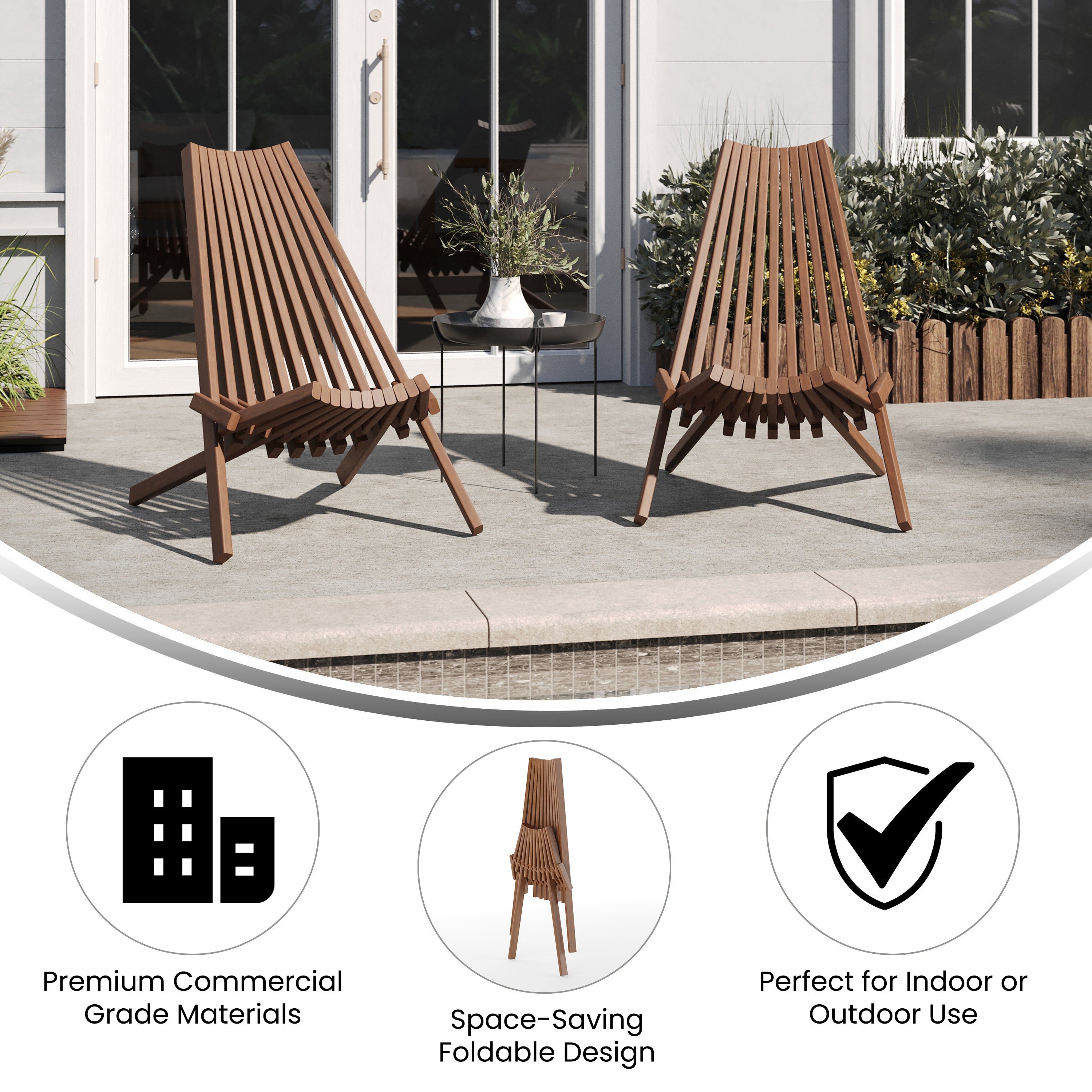 Delia Commercial Grade Indoor/Outdoor Folding Acacia Wood Chair, Low Profile Lounge for Patio, Porch, Garden, Brown