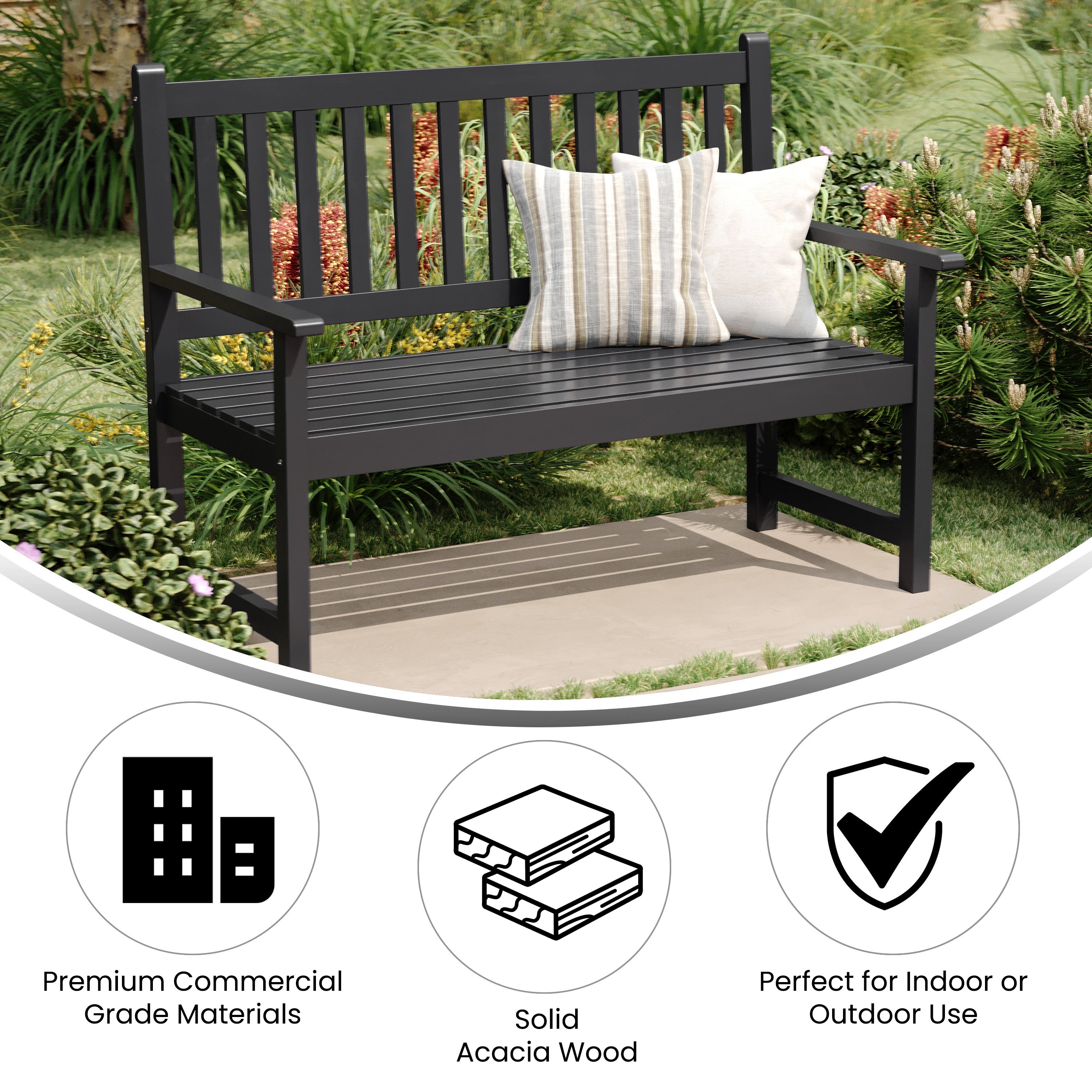 Adele Commercial Grade Indoor/Outdoor Patio Acacia Wood Bench, 2-Person Slatted Seat Loveseat for Park, Garden, Yard, Porch, Black