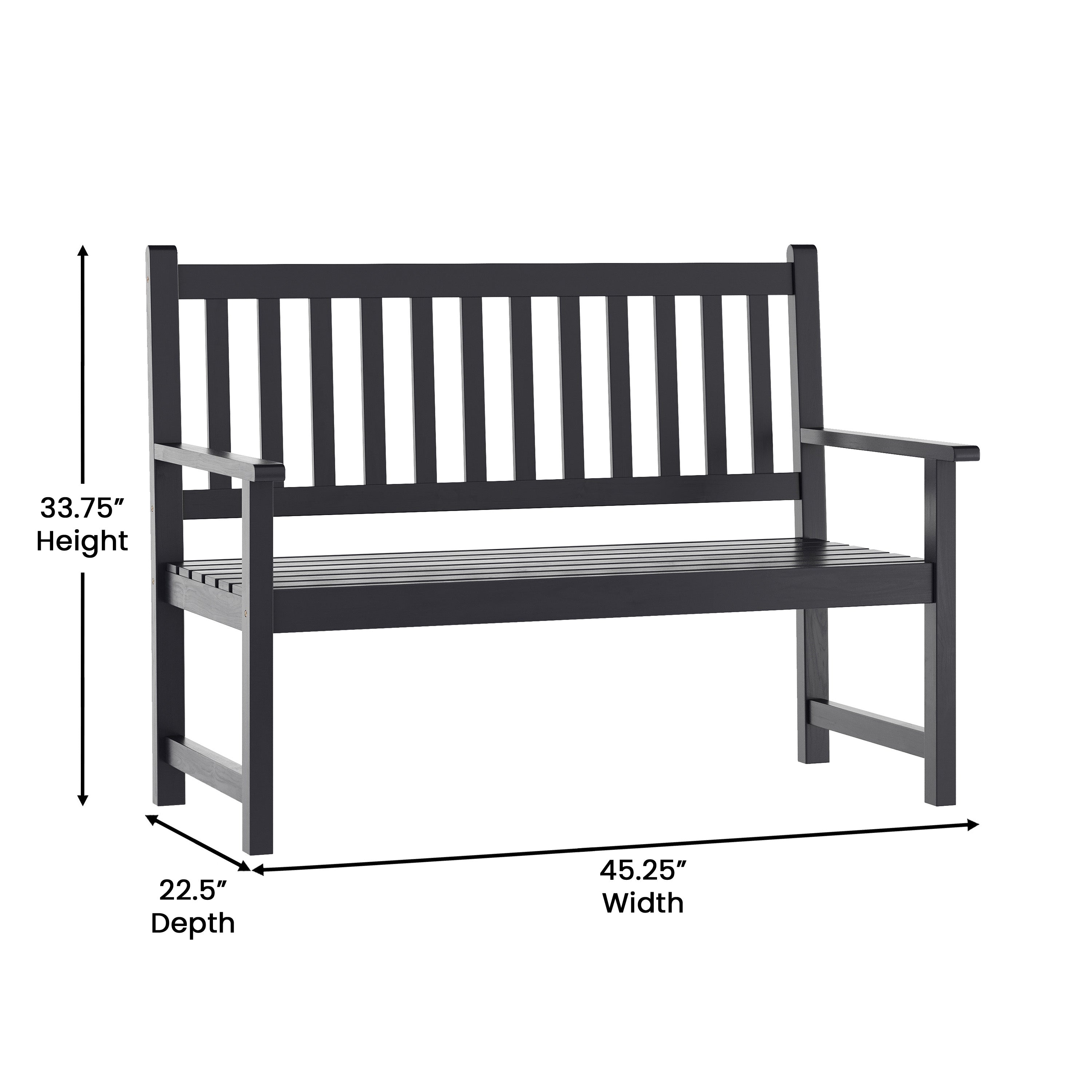 Adele Commercial Grade Indoor/Outdoor Patio Acacia Wood Bench, 2-Person Slatted Seat Loveseat for Park, Garden, Yard, Porch, Black